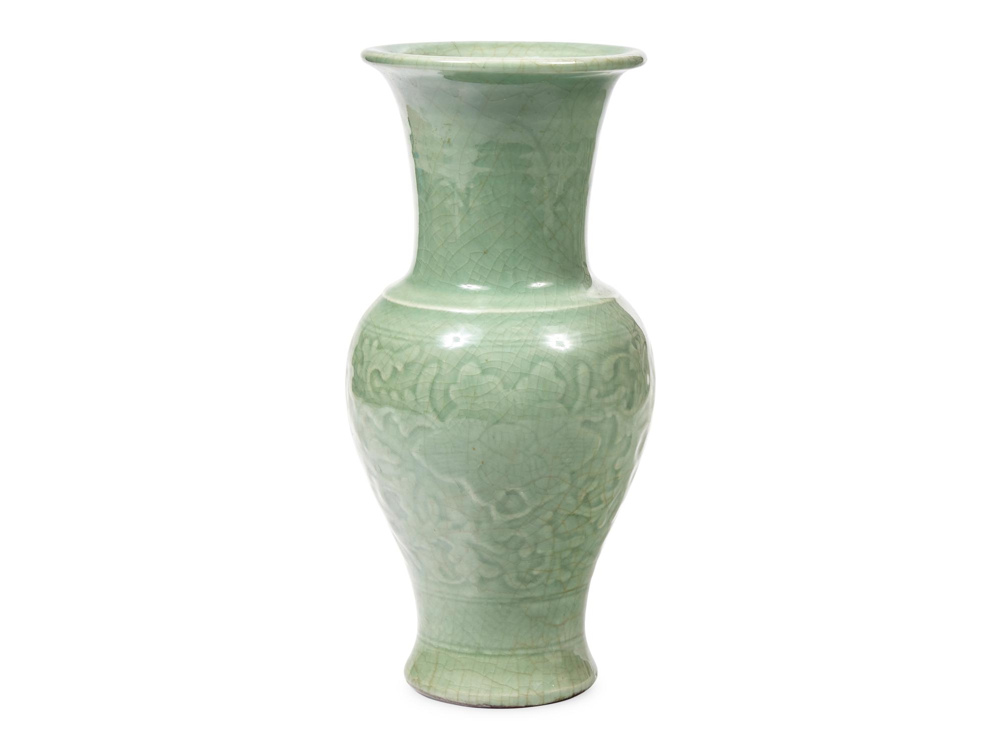 A Chinese Carved Celadon Glazed Vase, Probably Late 19th Century