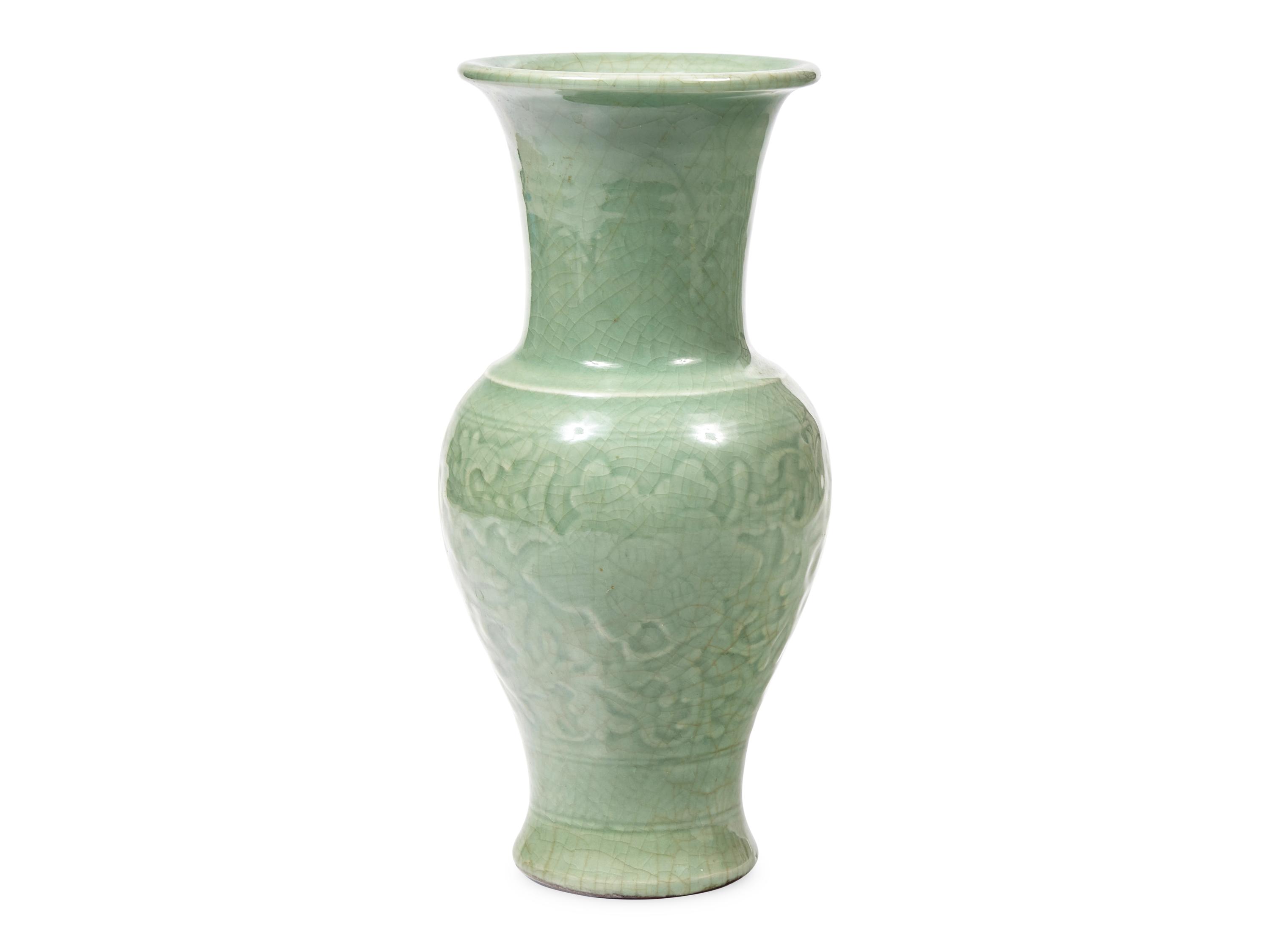 A Chinese Carved Celadon Glazed Vase, Probably Late 19th Century