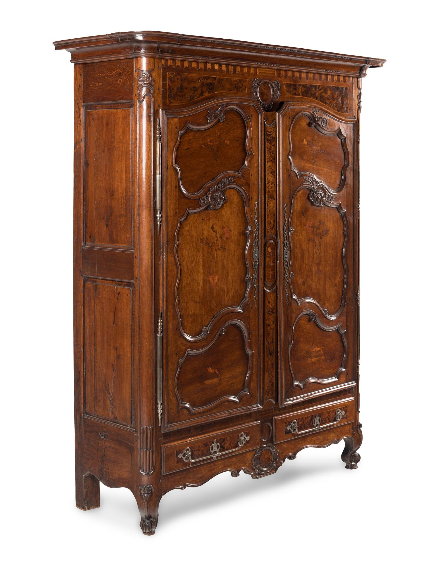 A Louis XV Walnut and Mulberry Marquetry Armoire