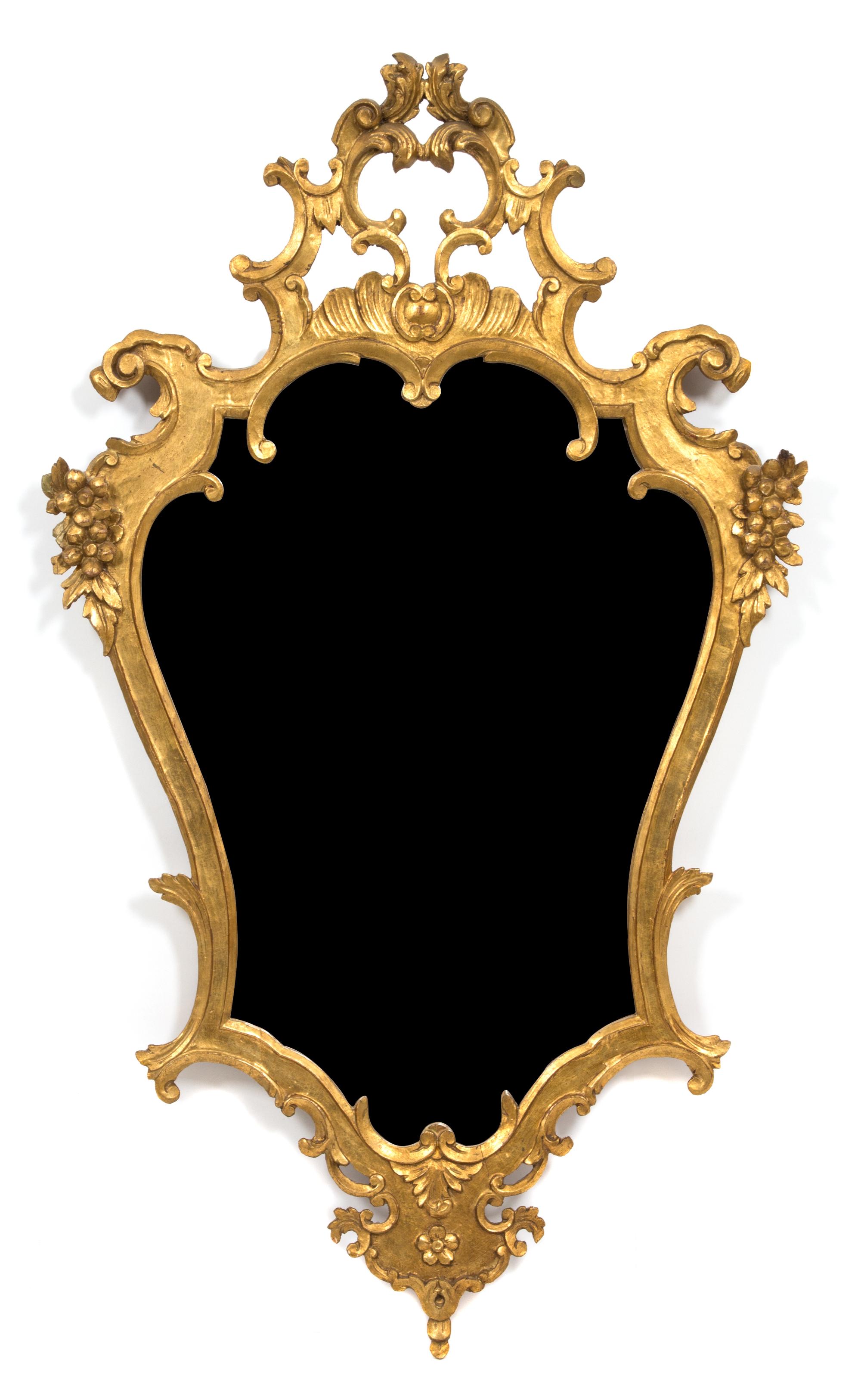 A Pair of Italian Rococo Style Carved Giltwood Mirrors Height 46 x width 27 inches. — 19TH CENTURY