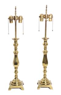 A Pair of Brass Table Lamps Height 28 1/2 inches (overall)