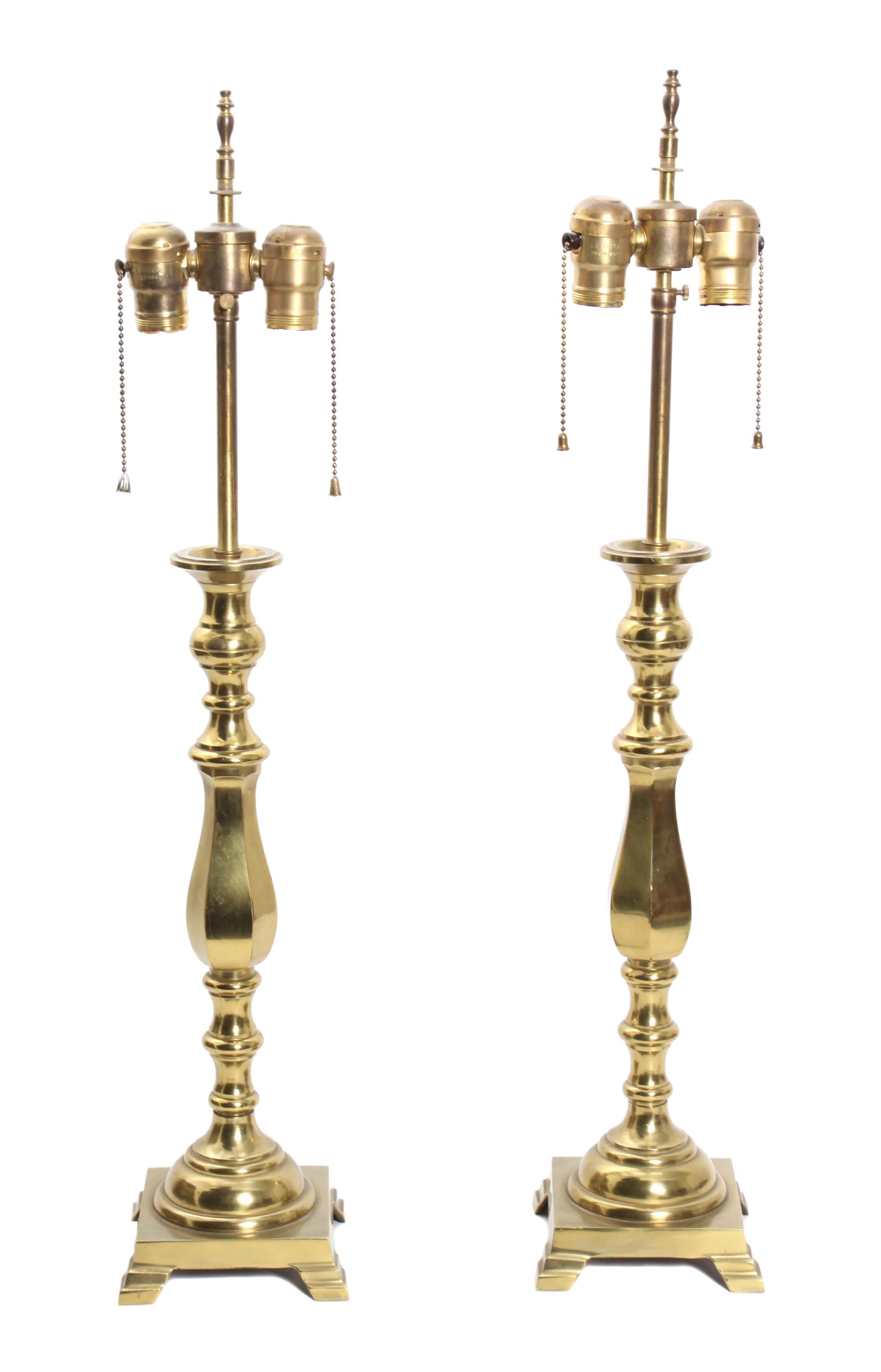 A Pair of Brass Table Lamps Height 28 1/2 inches (overall)