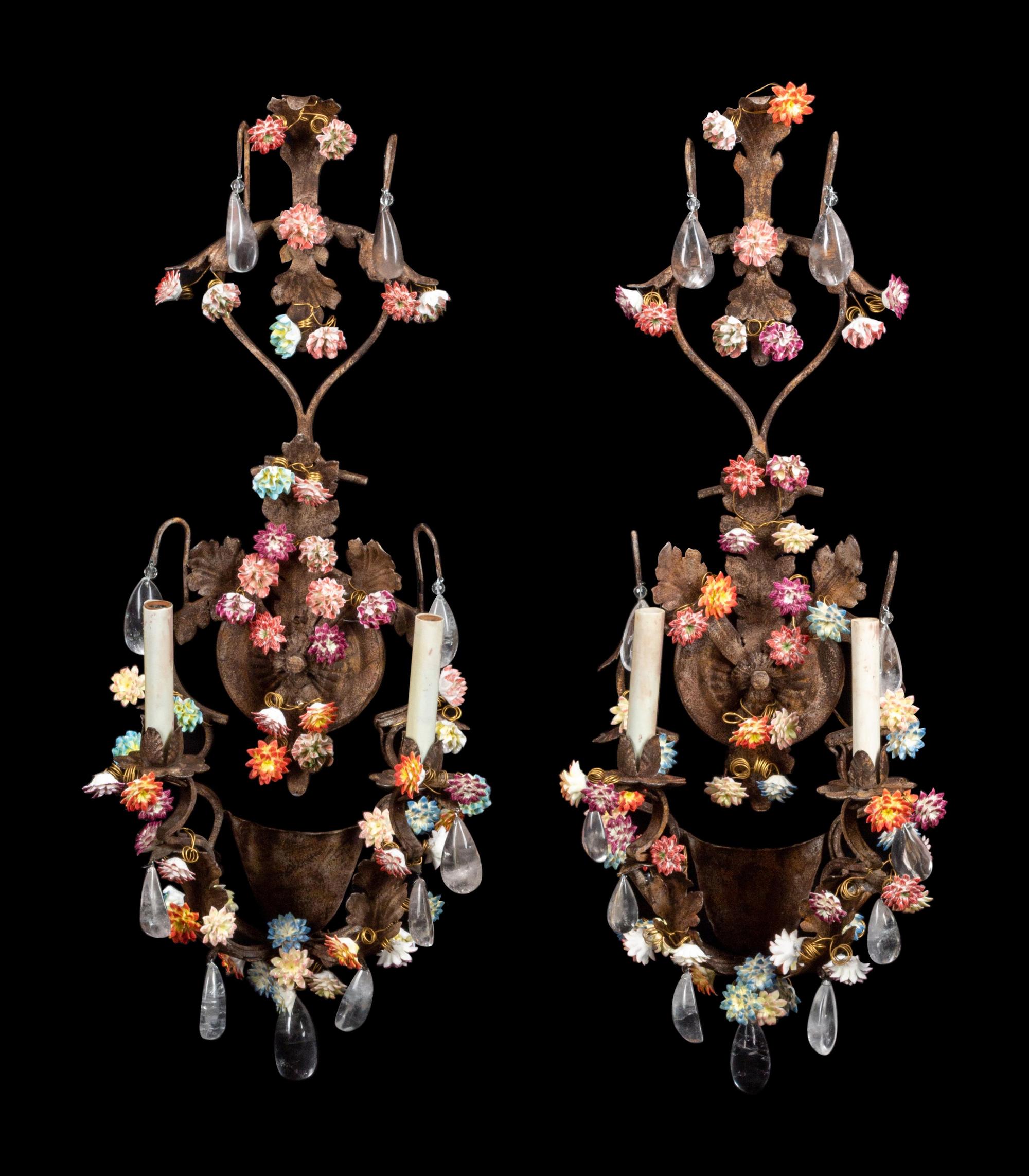 A Pair of French Wrought Iron, Tôle, Porcelain and Rock Crystal Two-Light Sconces