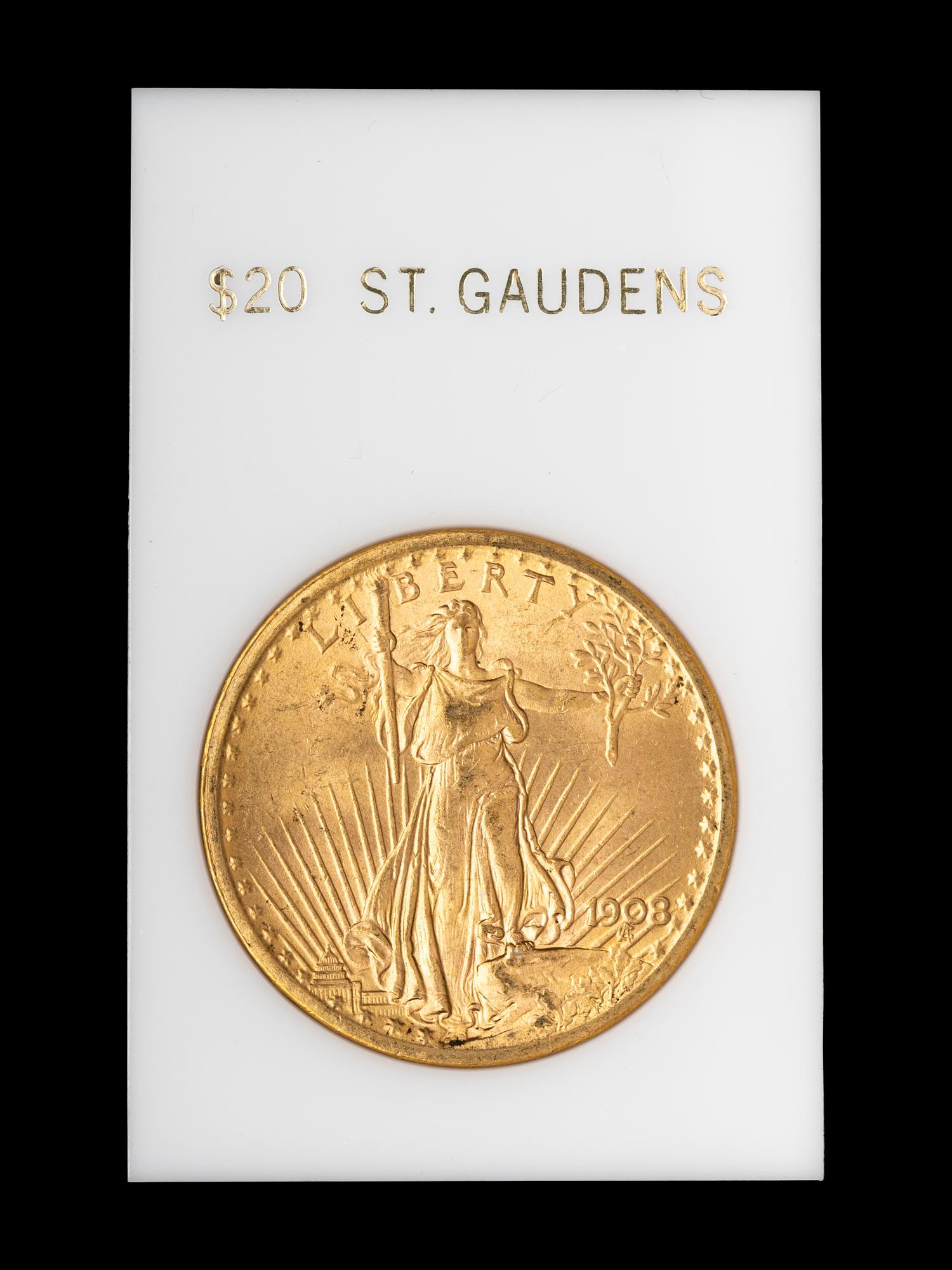 A 1908 Saint Gaudens; No Motto $20 Gold Coin