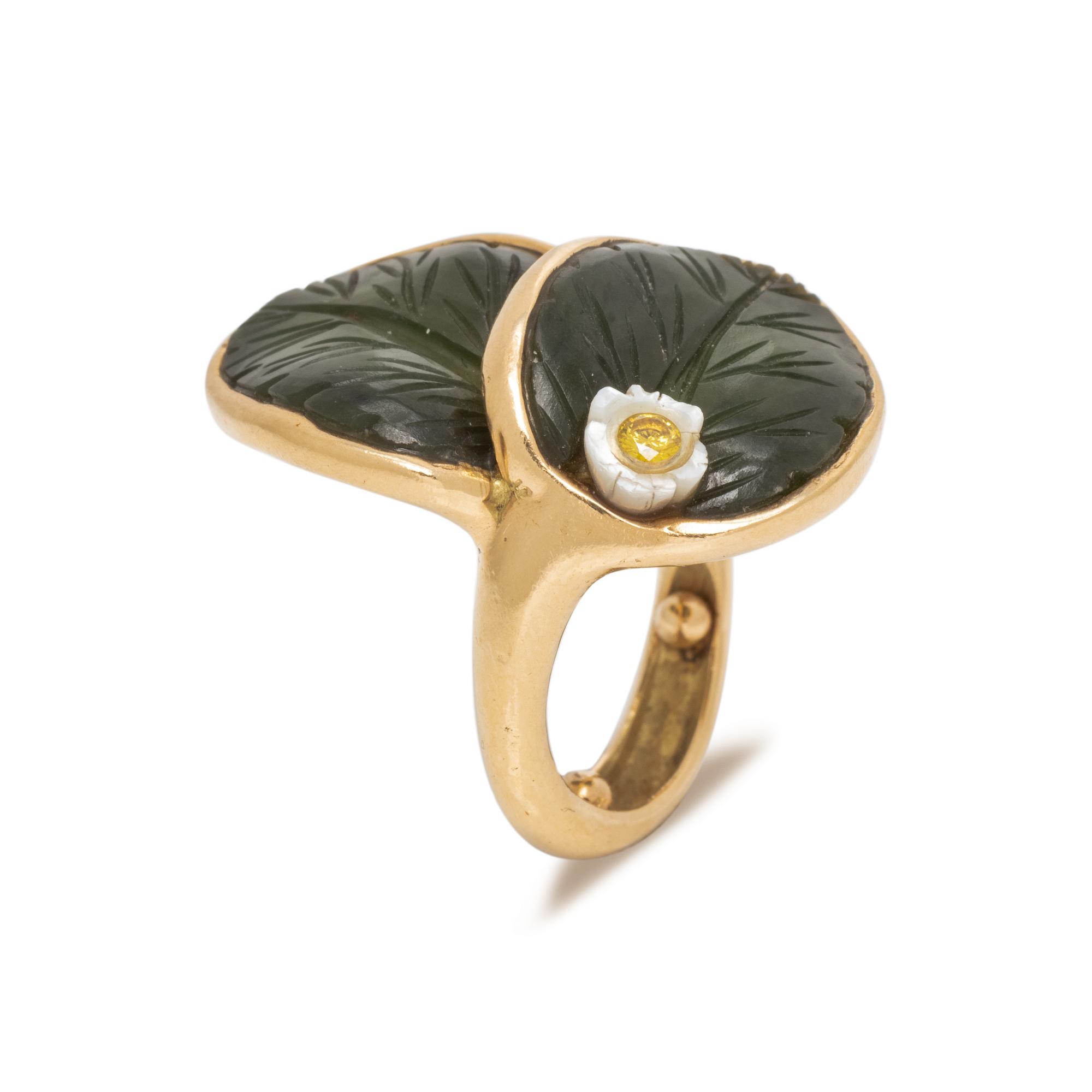 NEPHRITE, MOTHER-OF-PEARL AND COLORED DIAMOND RING