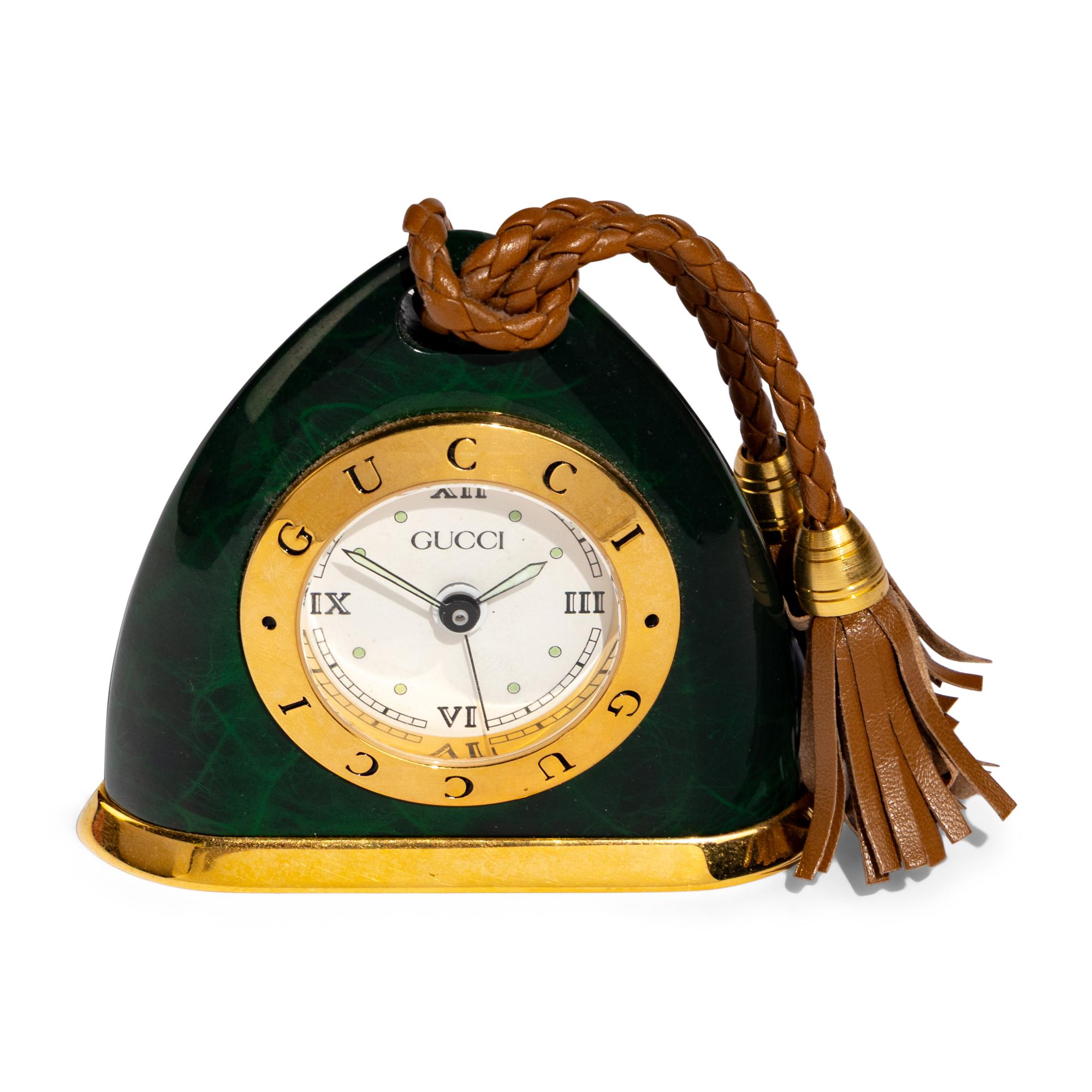 A Gucci Simulated-Malachite and Gilt-Metal Mounted Desk Clock