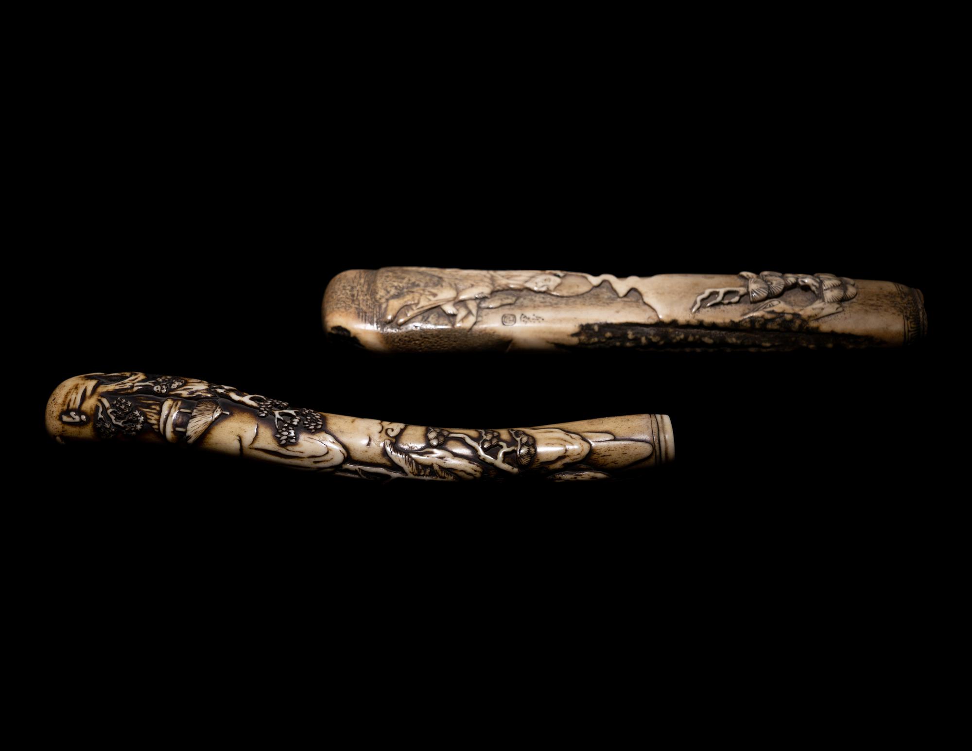 Two Japanese Carved Bone Brush Holders
