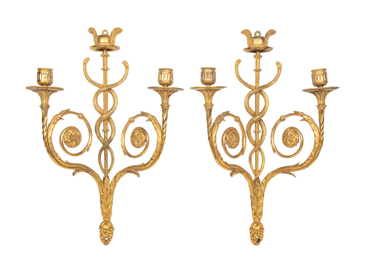 A Pair of Late Louis XVI Gilt Bronze Two-Light Wall Sconces