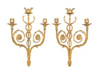 A Pair of Late Louis XVI Gilt Bronze Two-Light Wall Sconces