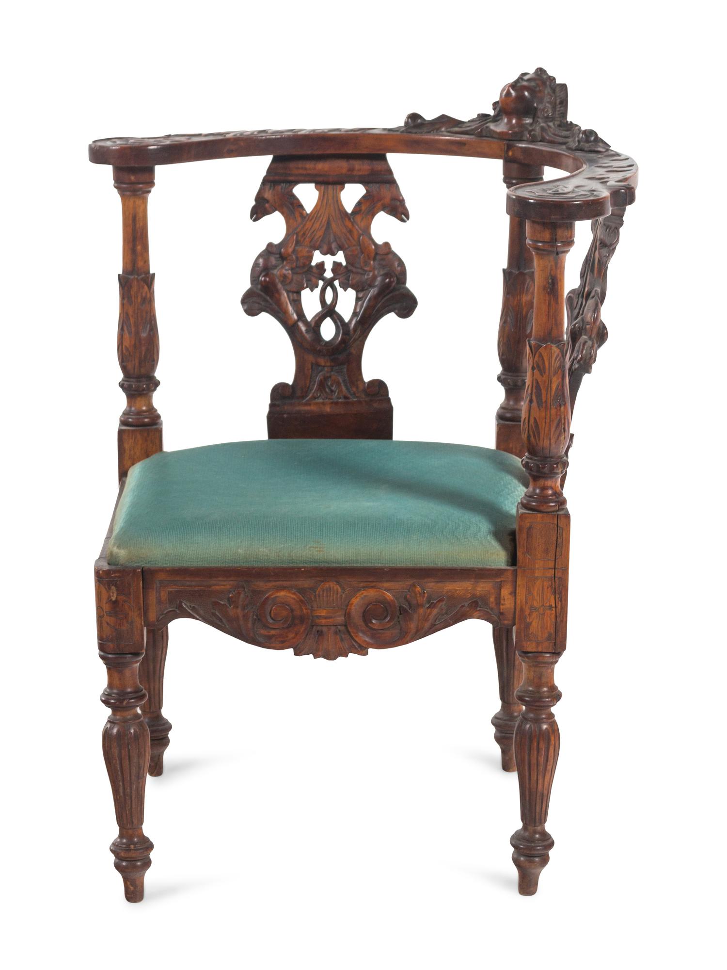 An English Carved Walnut Corner Chair