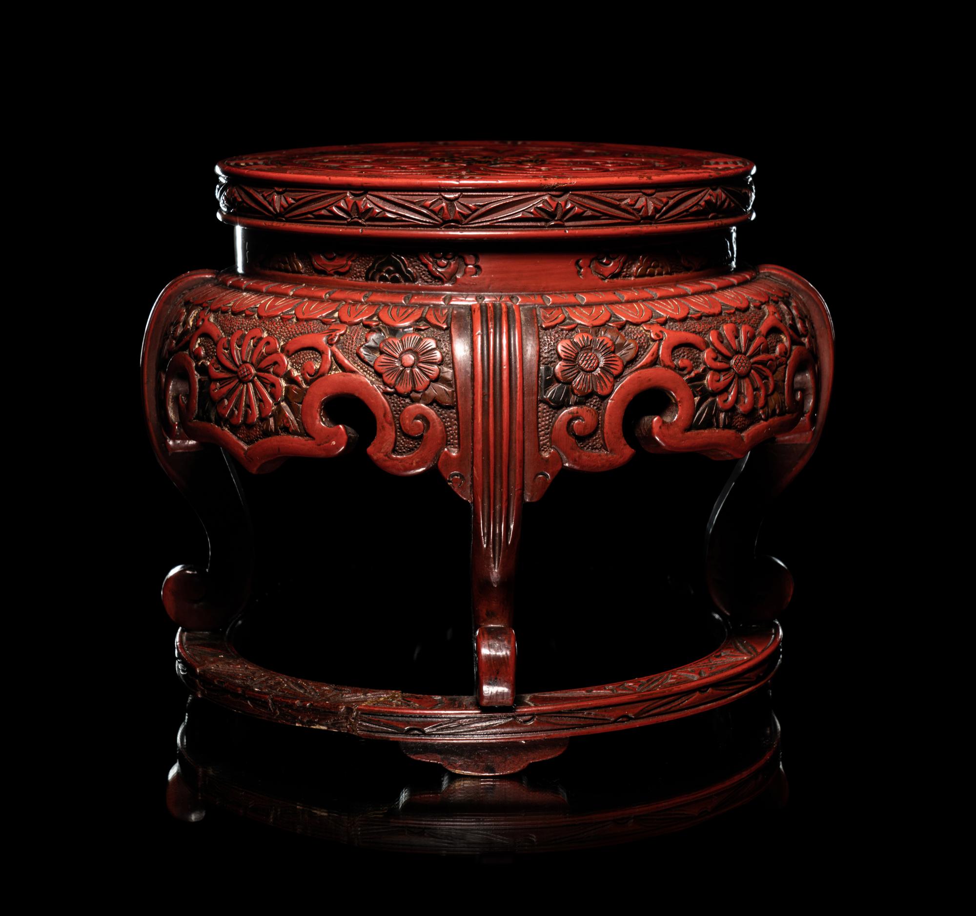 A Pair of Japanese Carved Cinnabar Lacquer Stands
