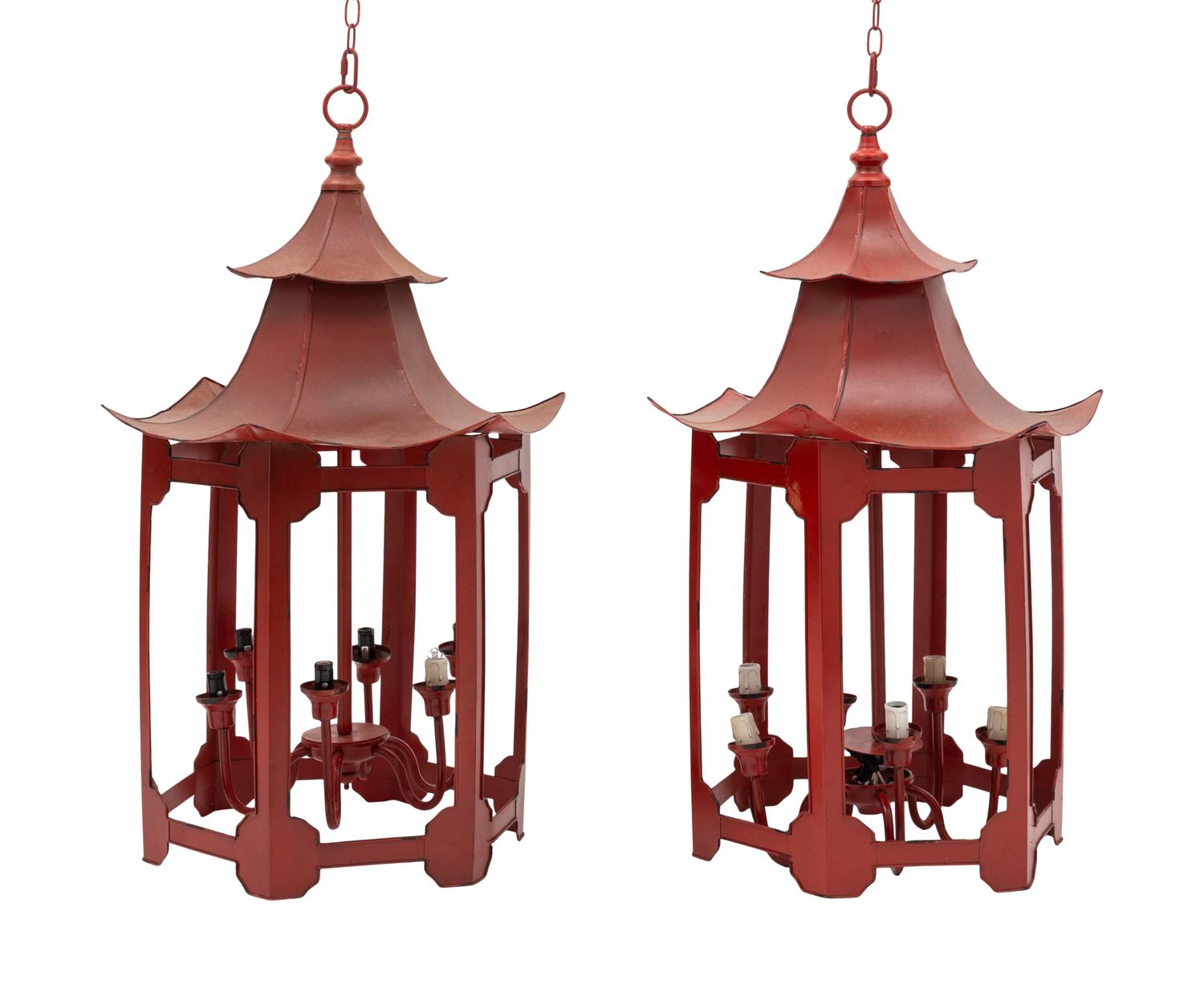 A Pair of Italian Painted Tole Six-Light Pagoda-Form Lanterns
