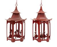 A Pair of Italian Painted Tole Six-Light Pagoda-Form Lanterns