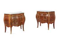 A Pair of Louis XV Style Gilt Bronze Mounted Marble-Top Bombe Commodes