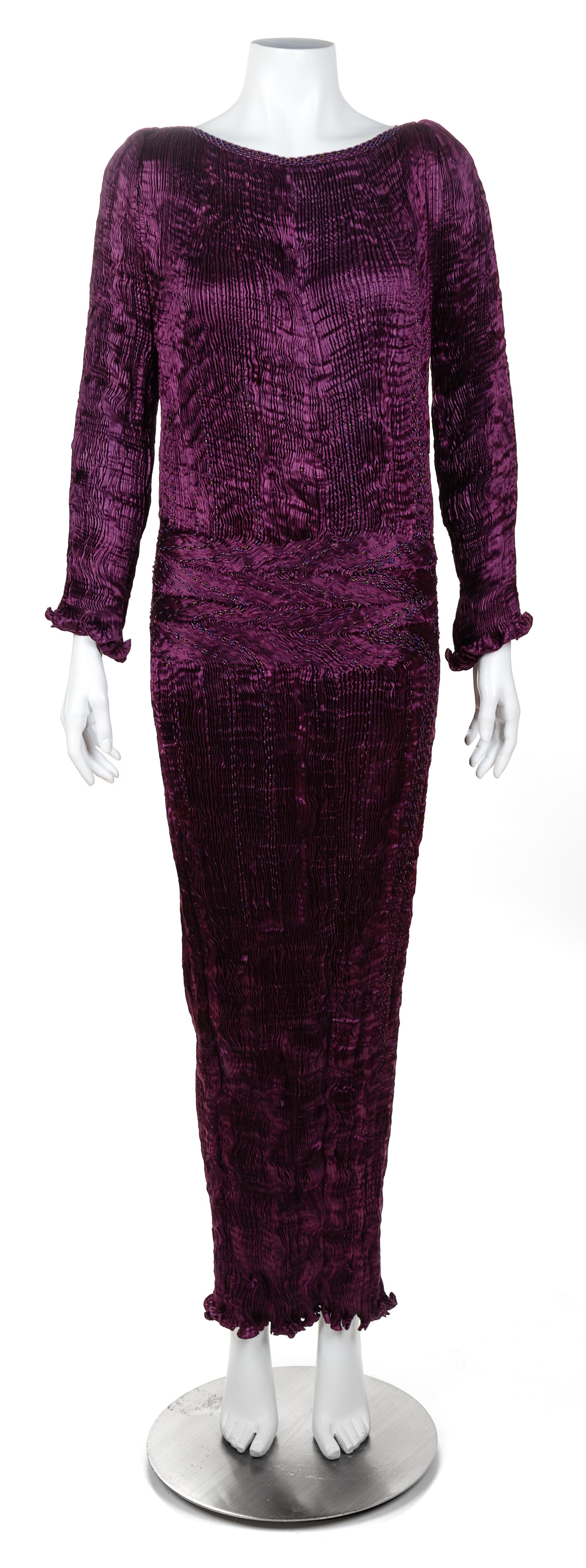 A Patricia Lester Black Currant Mousse Silk Hand Pleated Gown, No size.