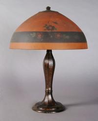 An American Reverse Painted Lamp, Jefferson, Diameter of shade 16 inches; height of lamp overall 21 1/2 inches.