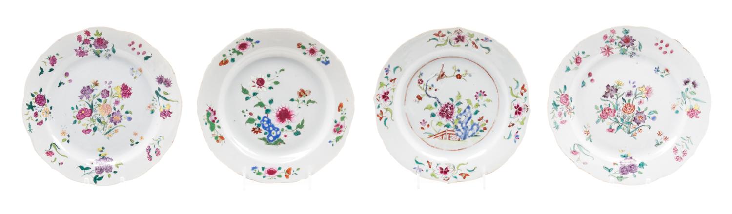 Four Chinese Export Famille Rose Porcelain Plates Diameter 9 inches (each).