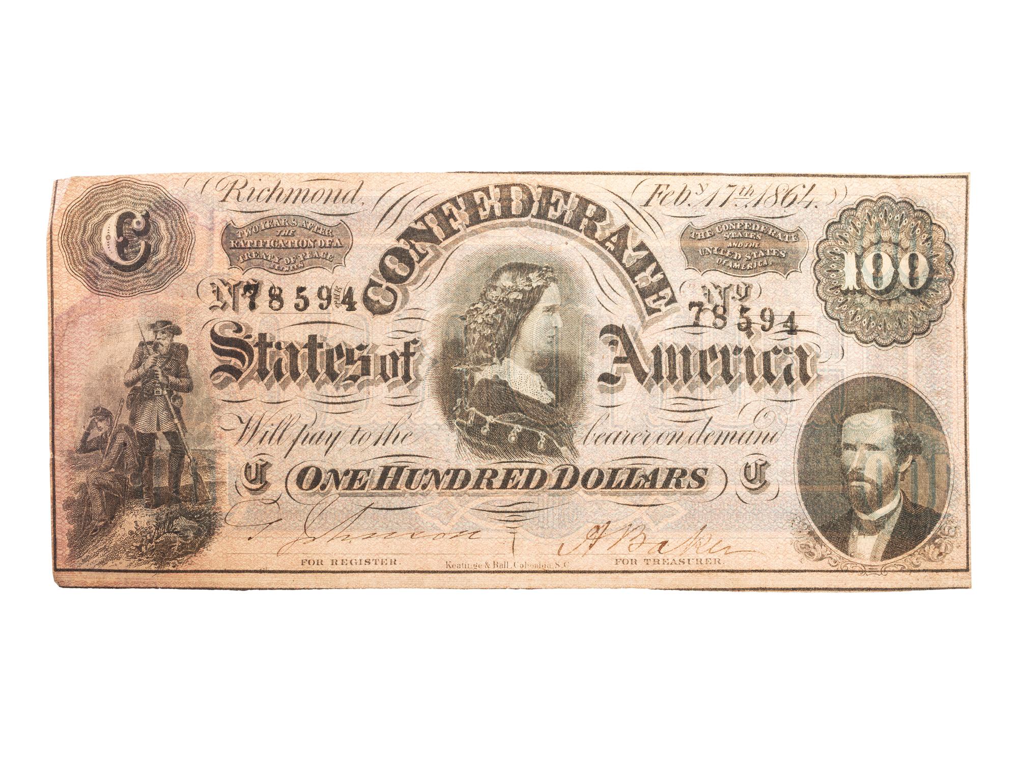 [CIVIL WAR - CURRENCY]. A group of more than 100 Confederate notes, comprising: