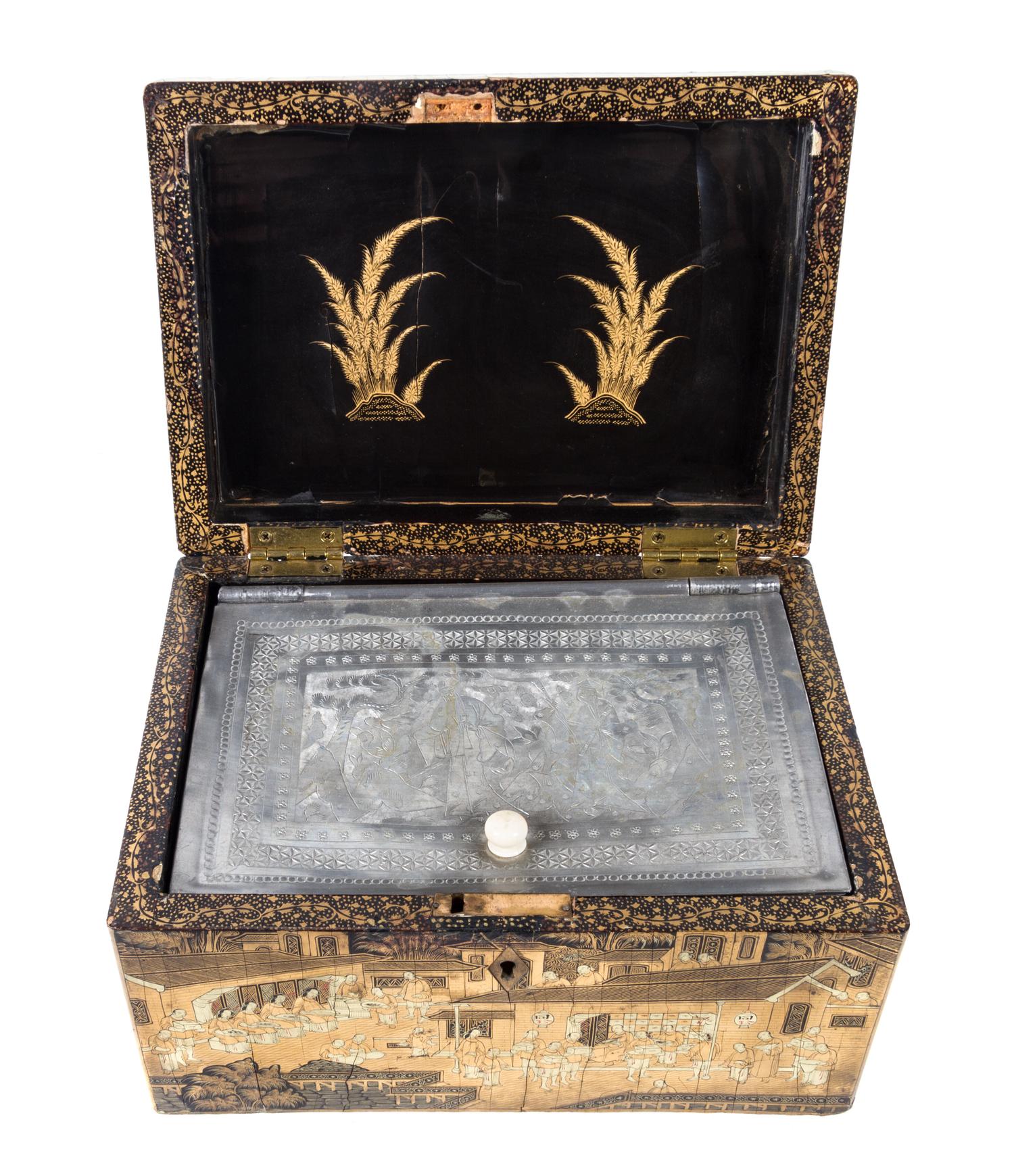 A Chinese Export Lacquered Tea Caddy Height 5 1/8 x width 10 1/4 x depth 7 1/2 inches. — 19TH CENTURY
