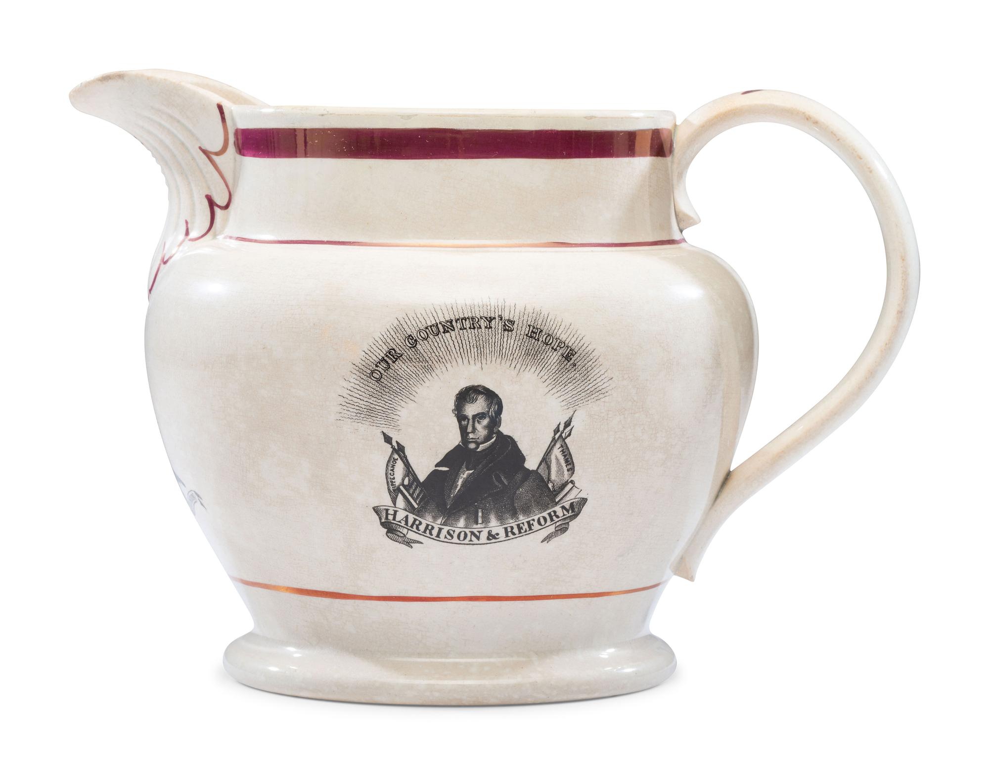 A Rare 'Harrison and Reform' Strawberry Lustre Campaign Pitcher