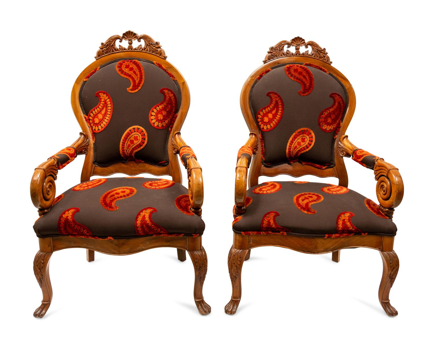 A Pair of Paisley Upholstered Rococo Style Armchairs