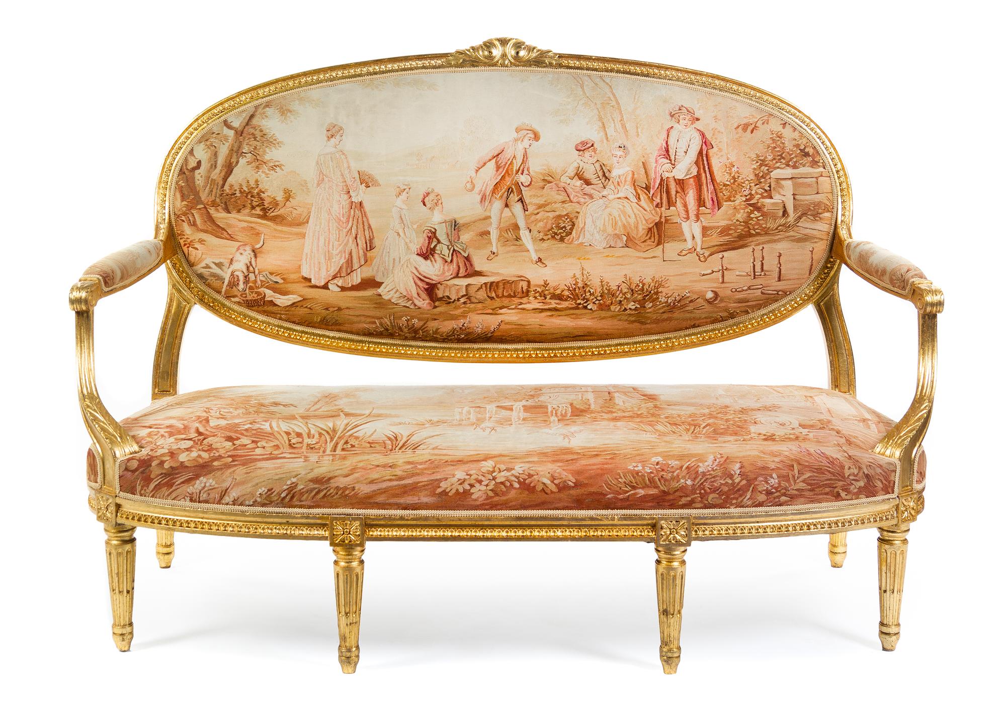 A Louis XVI Style Giltwood Settee Height 43 1/2 x width 65 x depth 27 1/2 inches. — 19TH CENTURY WITH 18TH CENTURY AUBUSSON TAPESTRY
