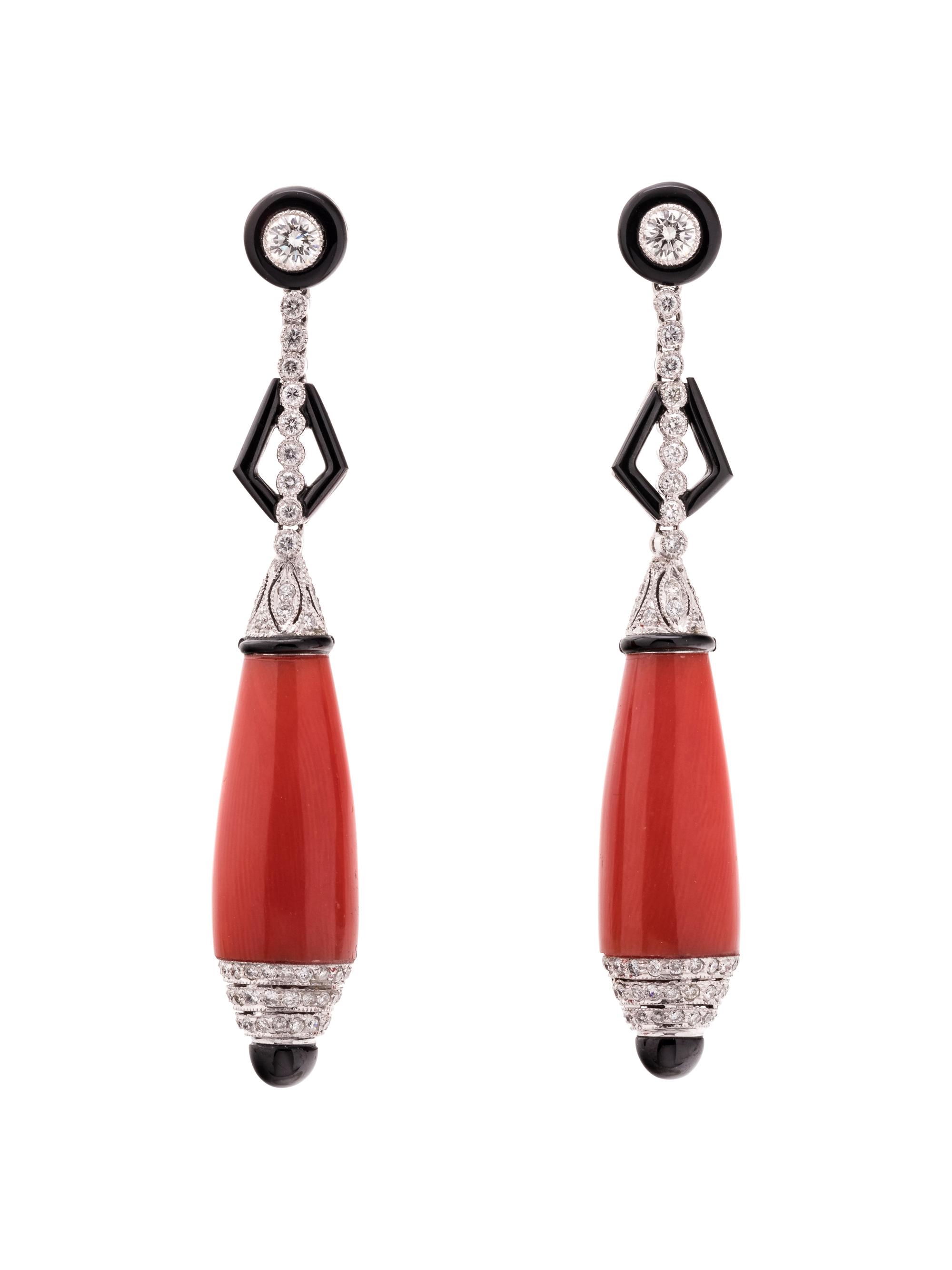 DIAMOND, CORAL AND ONYX EARRINGS