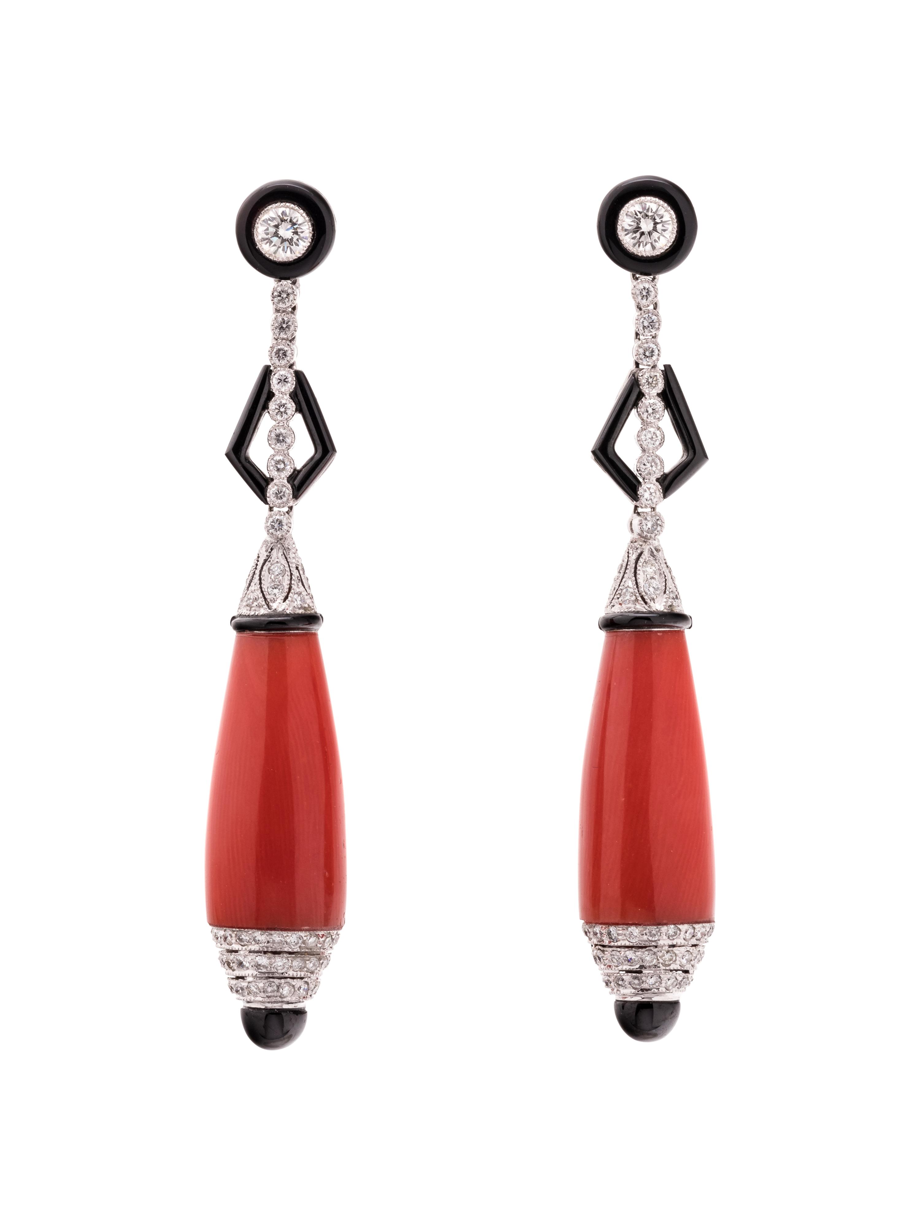 DIAMOND, CORAL AND ONYX EARRINGS