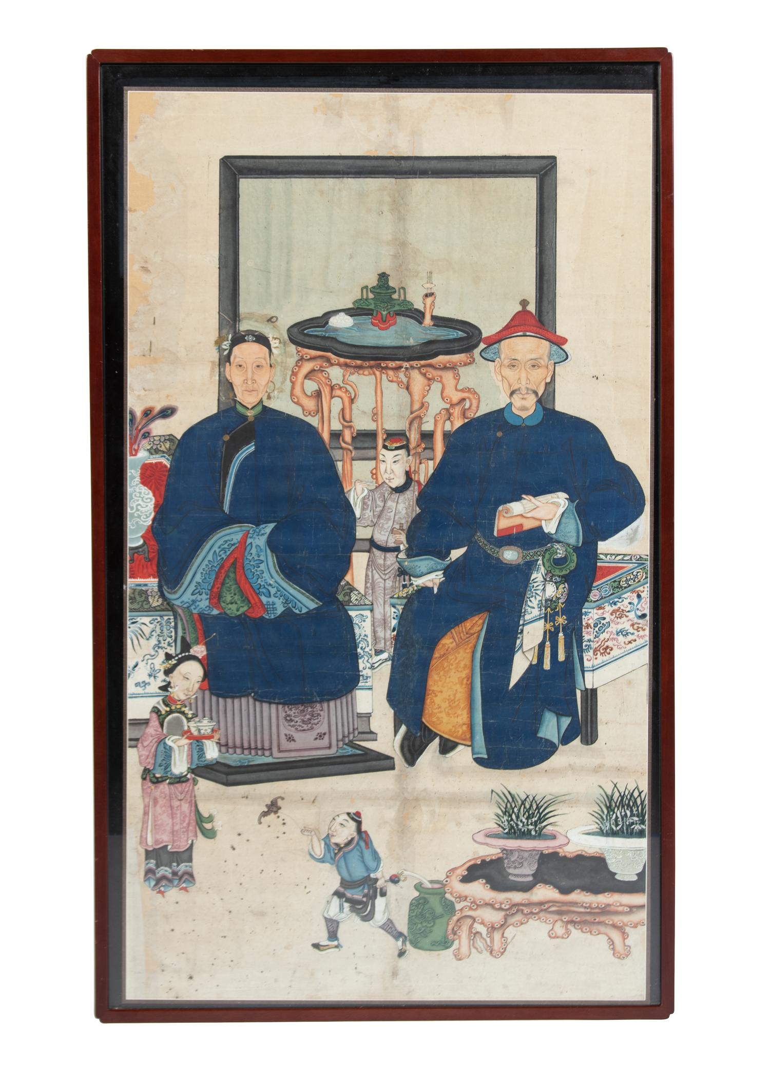 A Chinese Double Ancestral Portrait Mounted as a Low Table