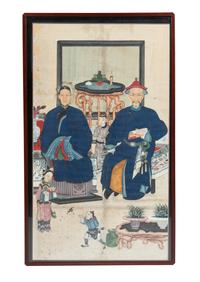 A Chinese Double Ancestral Portrait Mounted as a Low Table
