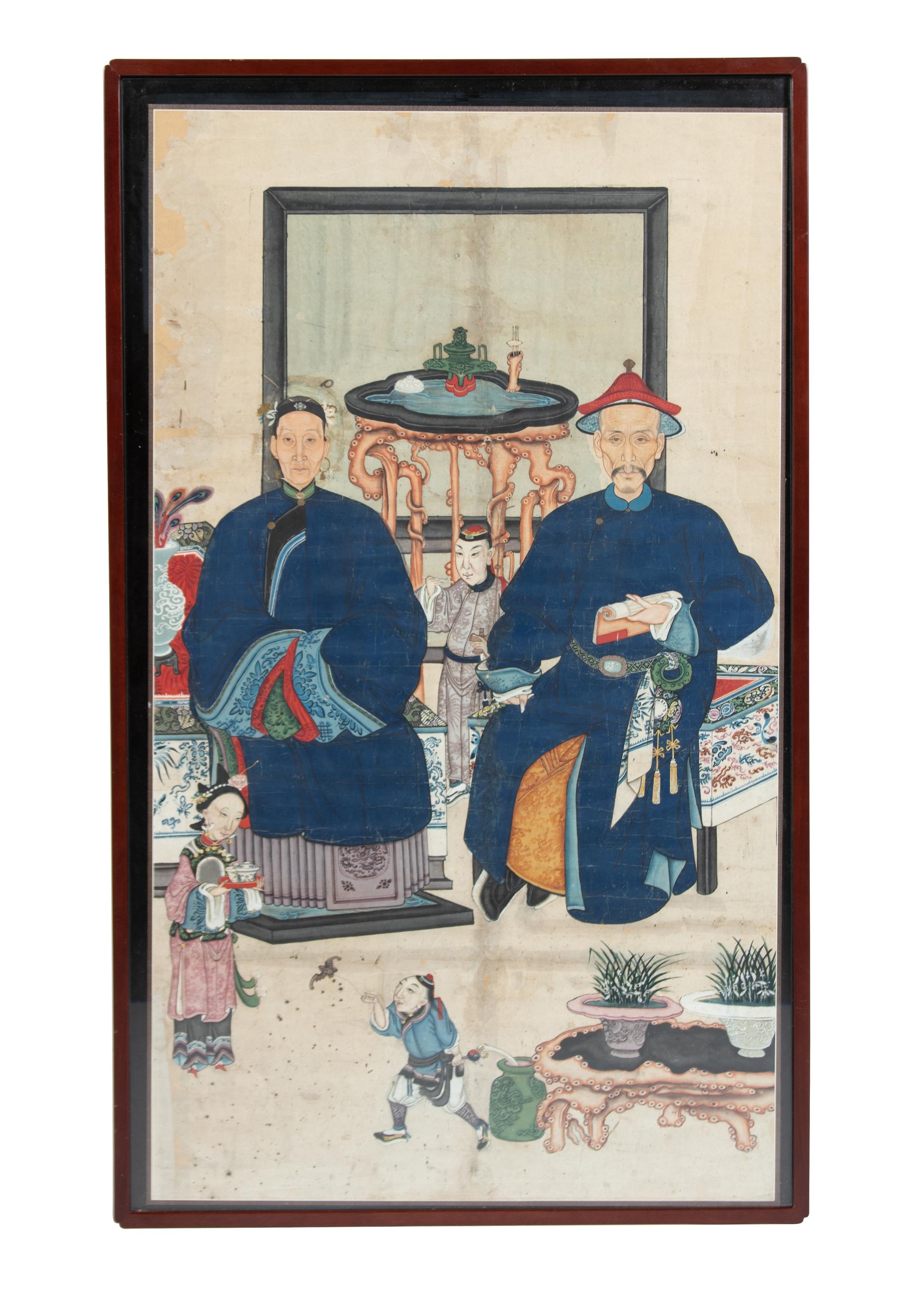 A Chinese Double Ancestral Portrait Mounted as a Low Table