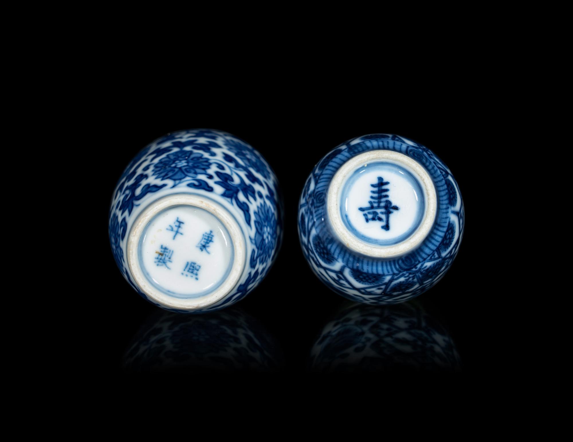 Two Chinese Blue and White Porcelain 'Floral' Snuff Bottles