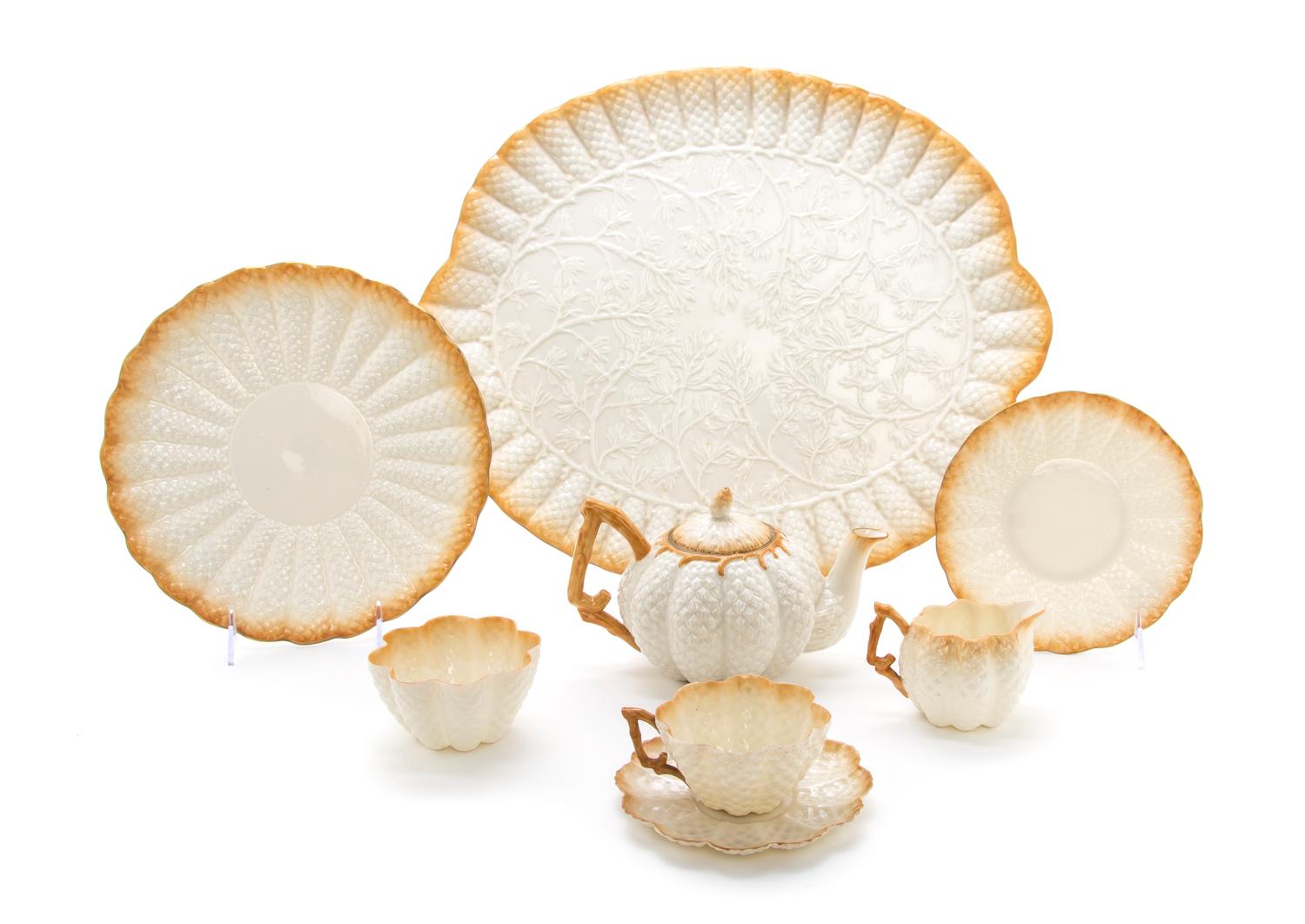 A Partial Belleek Cone Tea Service, Width of tray 17 1/2 inches.
