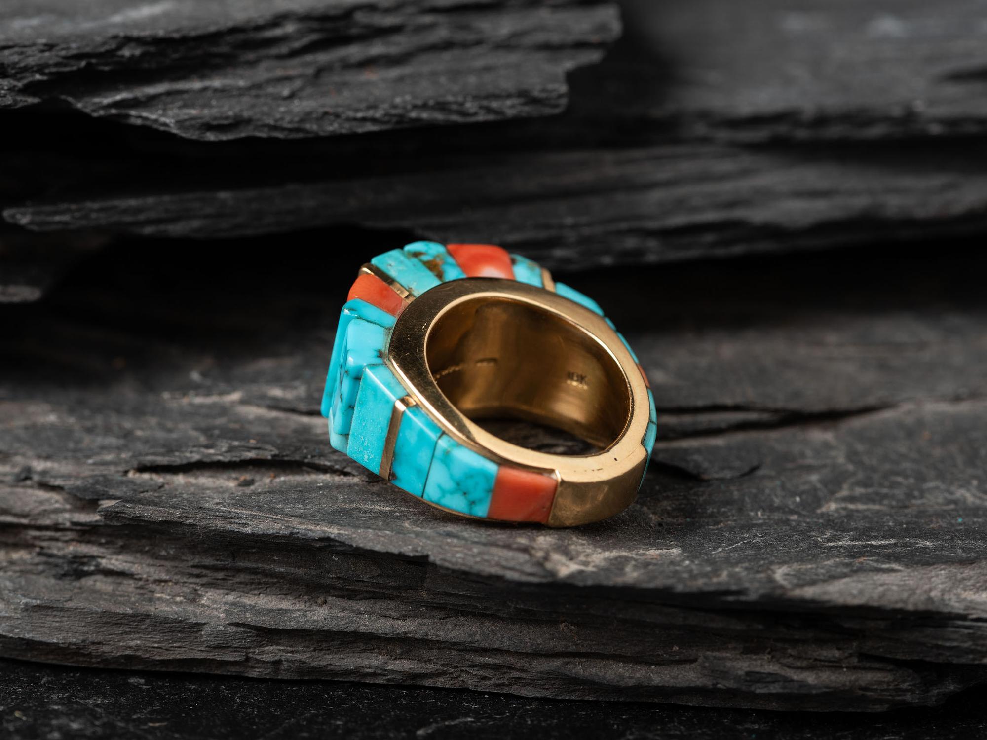 18K Gold Ring, with Red Mountain Turquoise and Japanese Coral Height Inlay