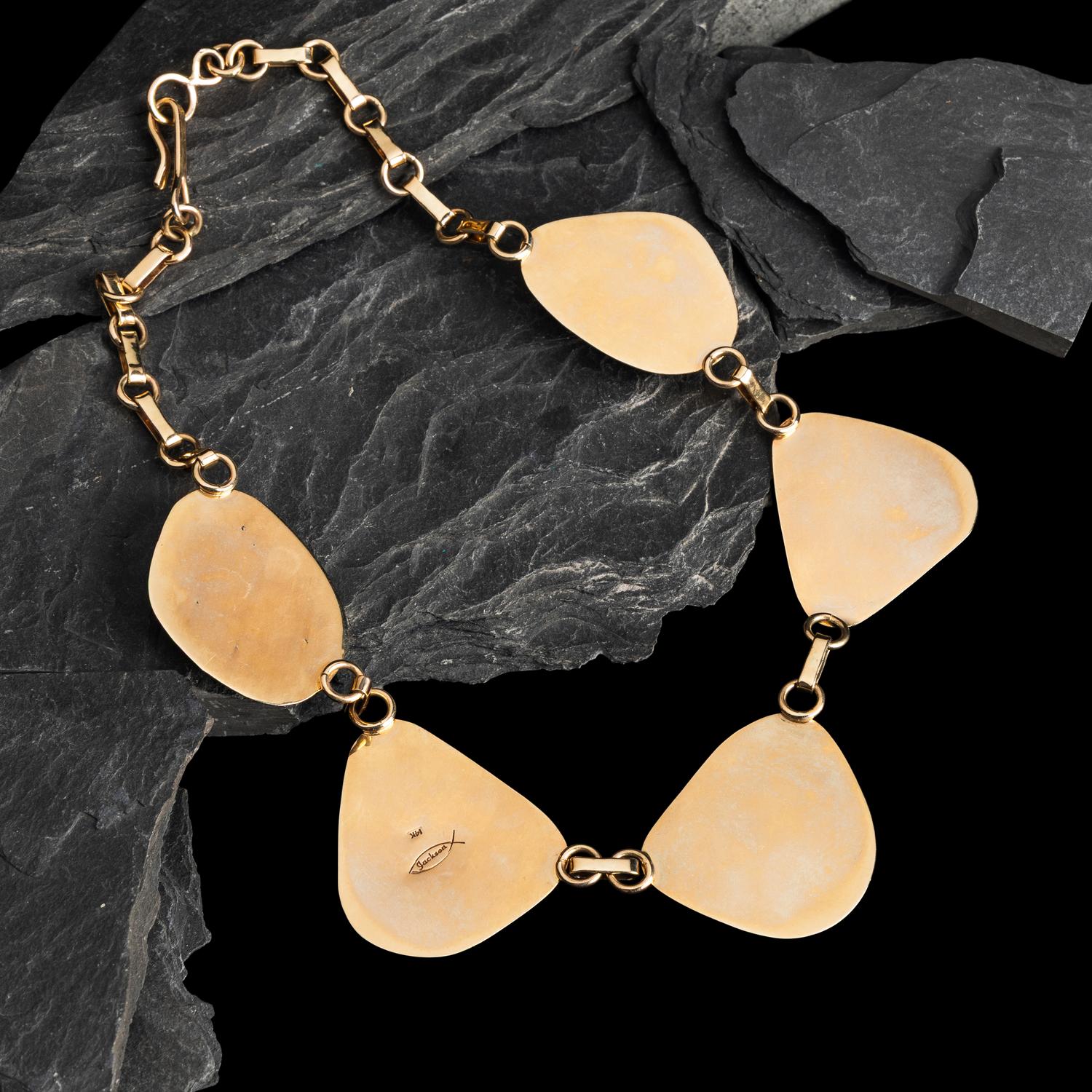 Tommy Jackson (Diné, b. 1958) — 14K Gold and Gem Grade Turquoise Necklace and Matching Clip Earrings