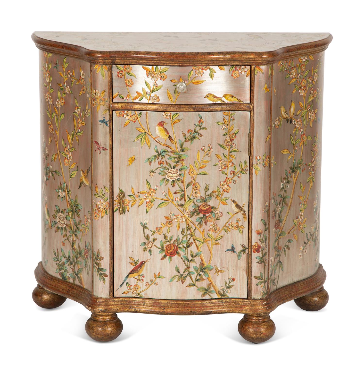 A Silvered and Chinoiserie Decorated Serpentine Console Cabinet