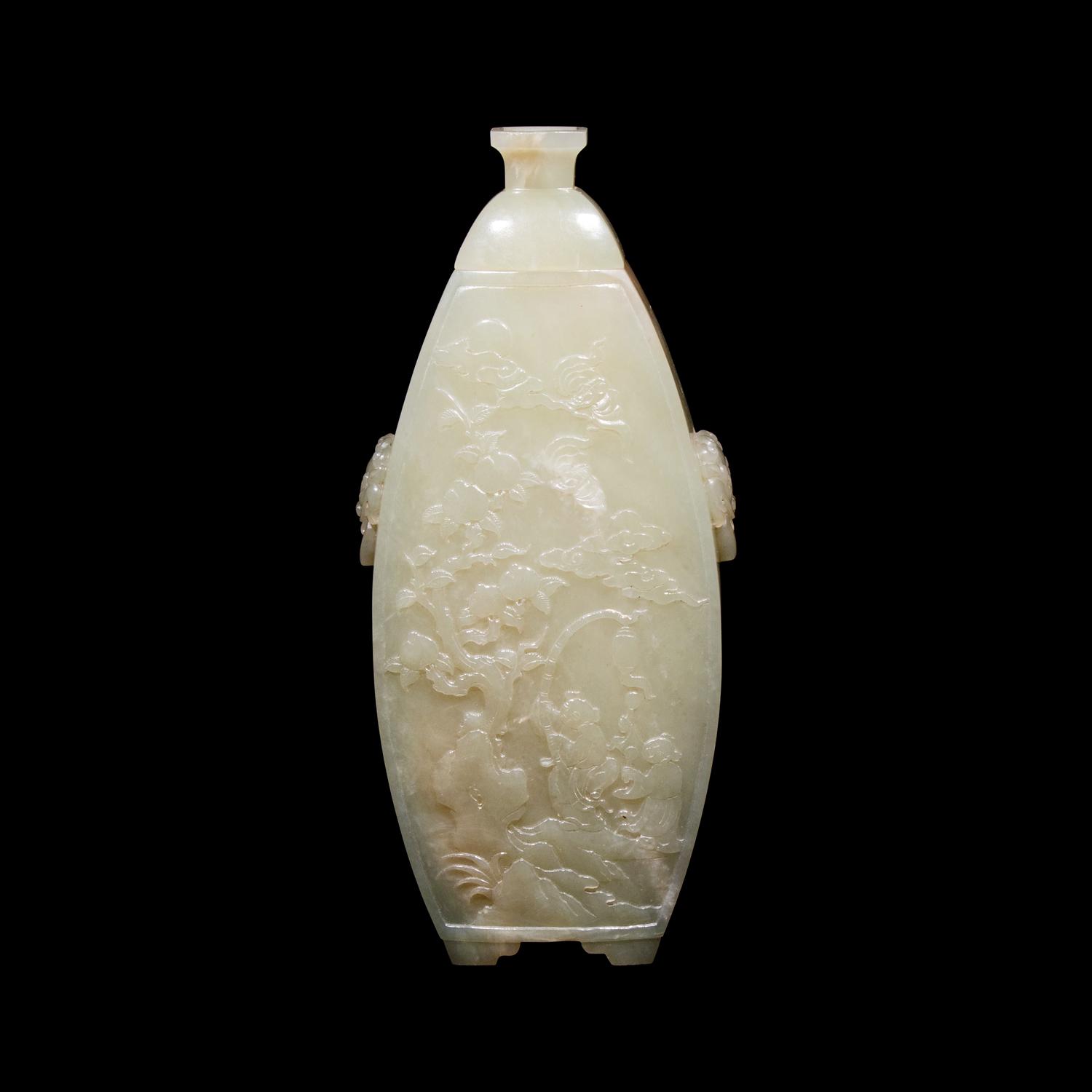 A Chinese Celadon Jade Vase and Cover, Late 19th Century 清晚期 青白玉浮雕童戲圖蓋瓶