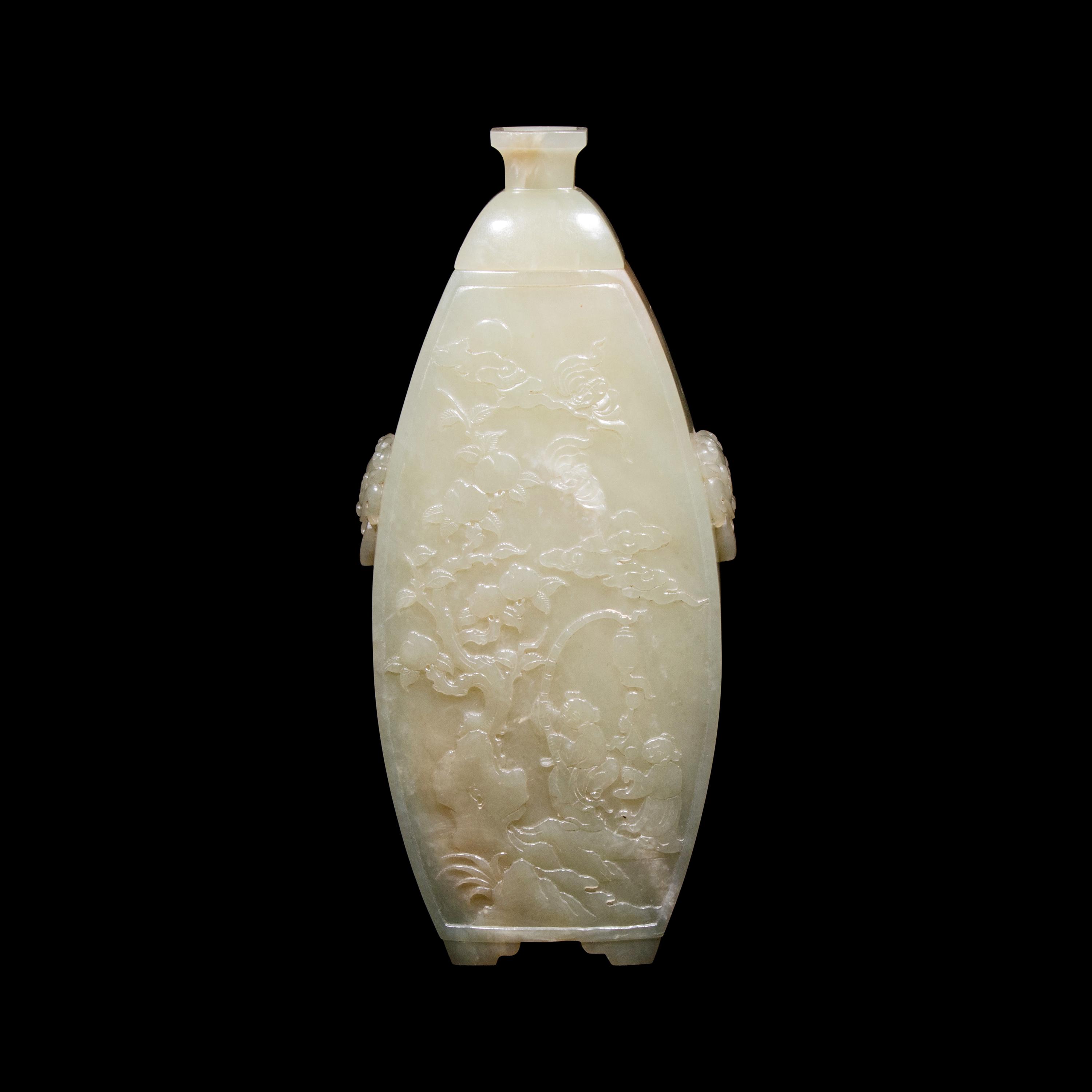 A Chinese Celadon Jade Vase and Cover, Late 19th Century 清晚期 青白玉浮雕童戲圖蓋瓶