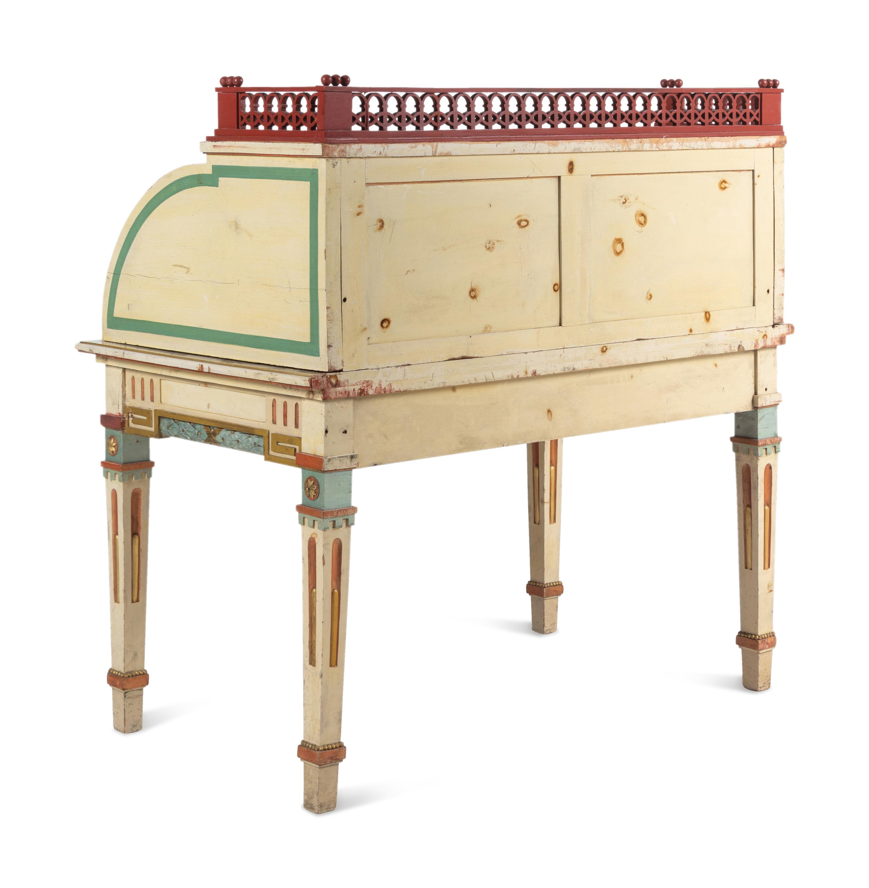 A Continental Polychrome-Painted Cylinder Bureau