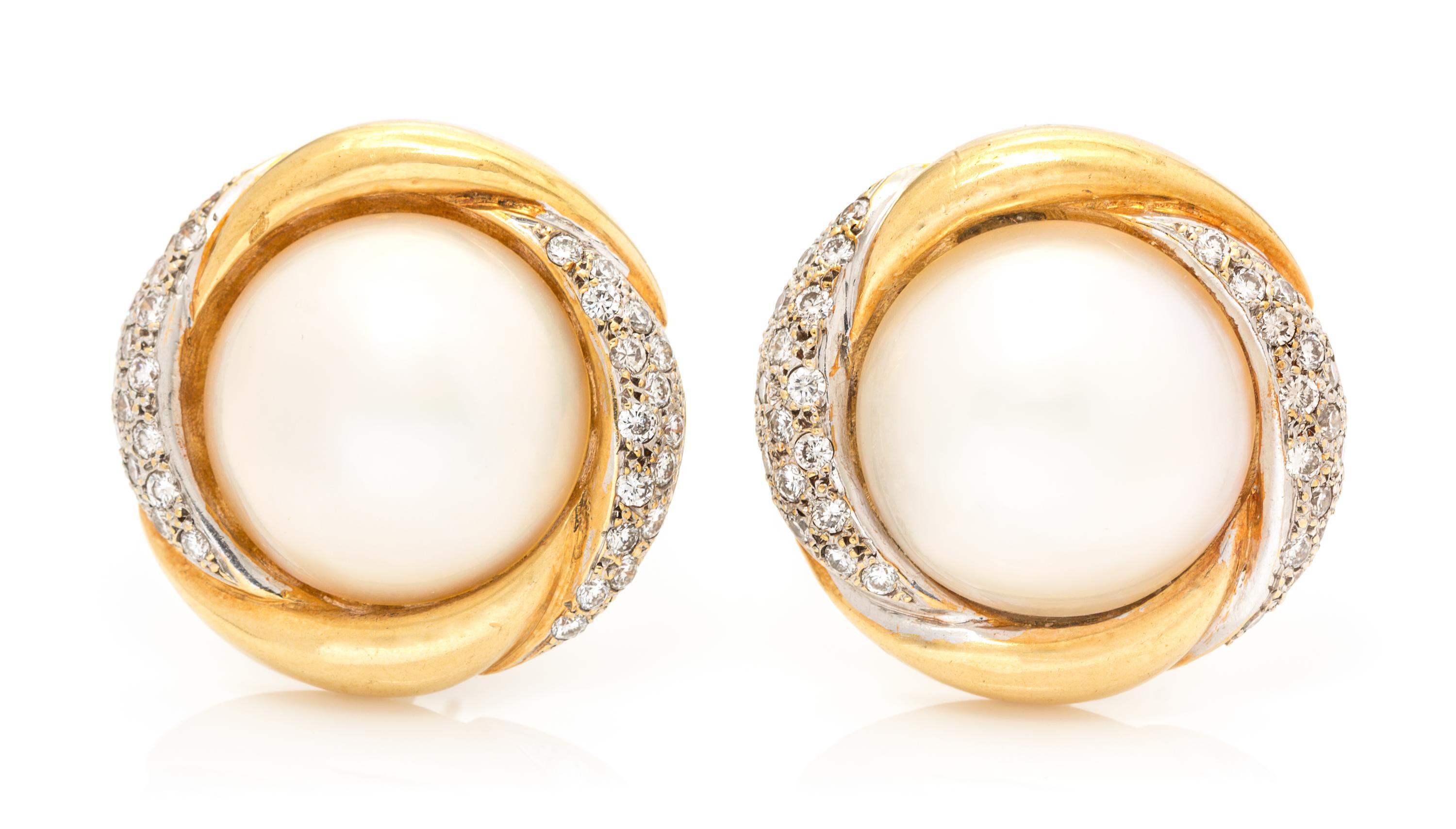 A Pair of Yellow Gold, Mabe Pearl and Diamond Earclips, 24.50 dwts.
