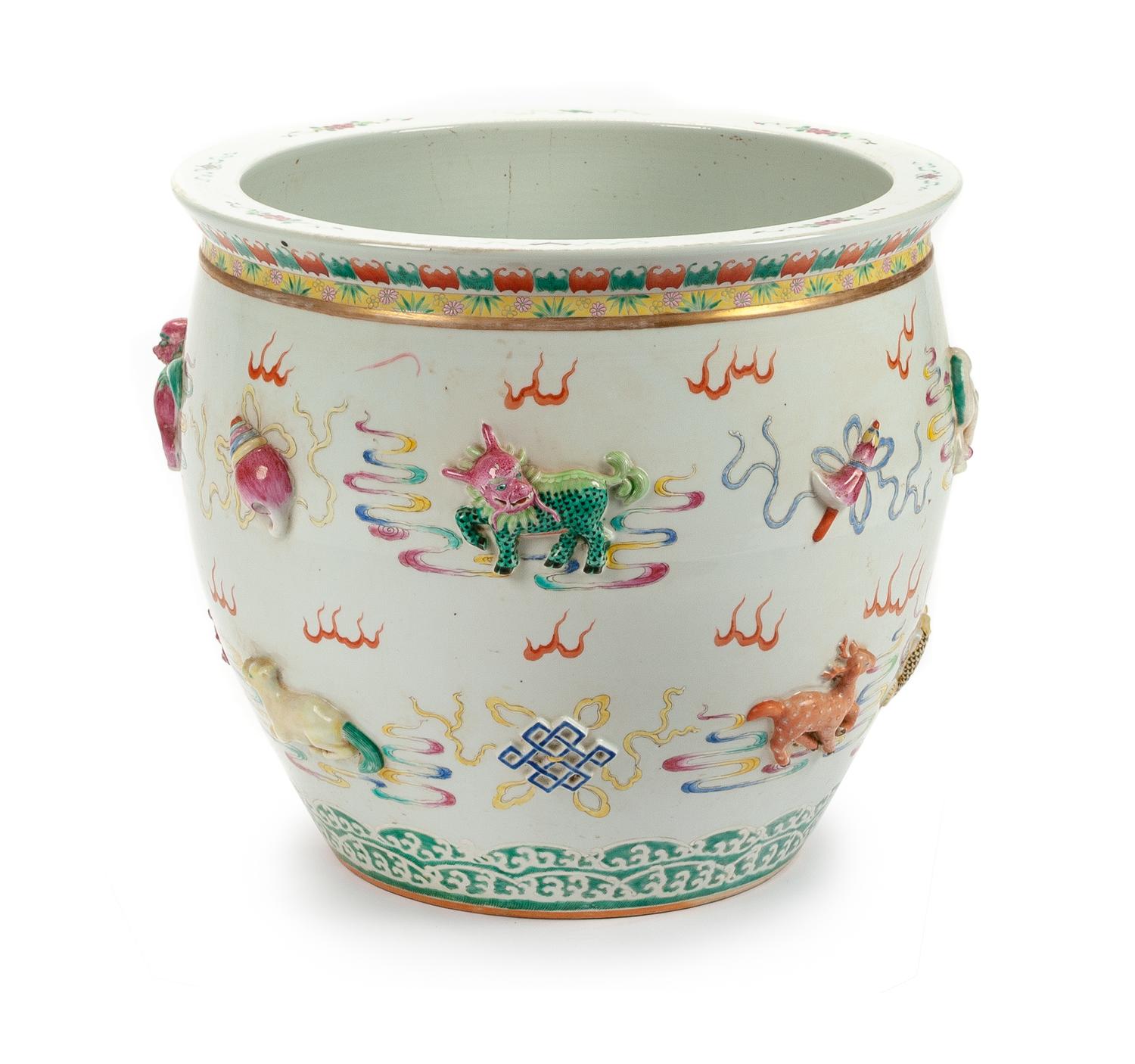 A Chinese Porcelain Fish Bowl Height 19 1/2 x diameter 22 inches.