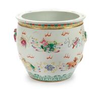 A Chinese Porcelain Fish Bowl Height 19 1/2 x diameter 22 inches.
