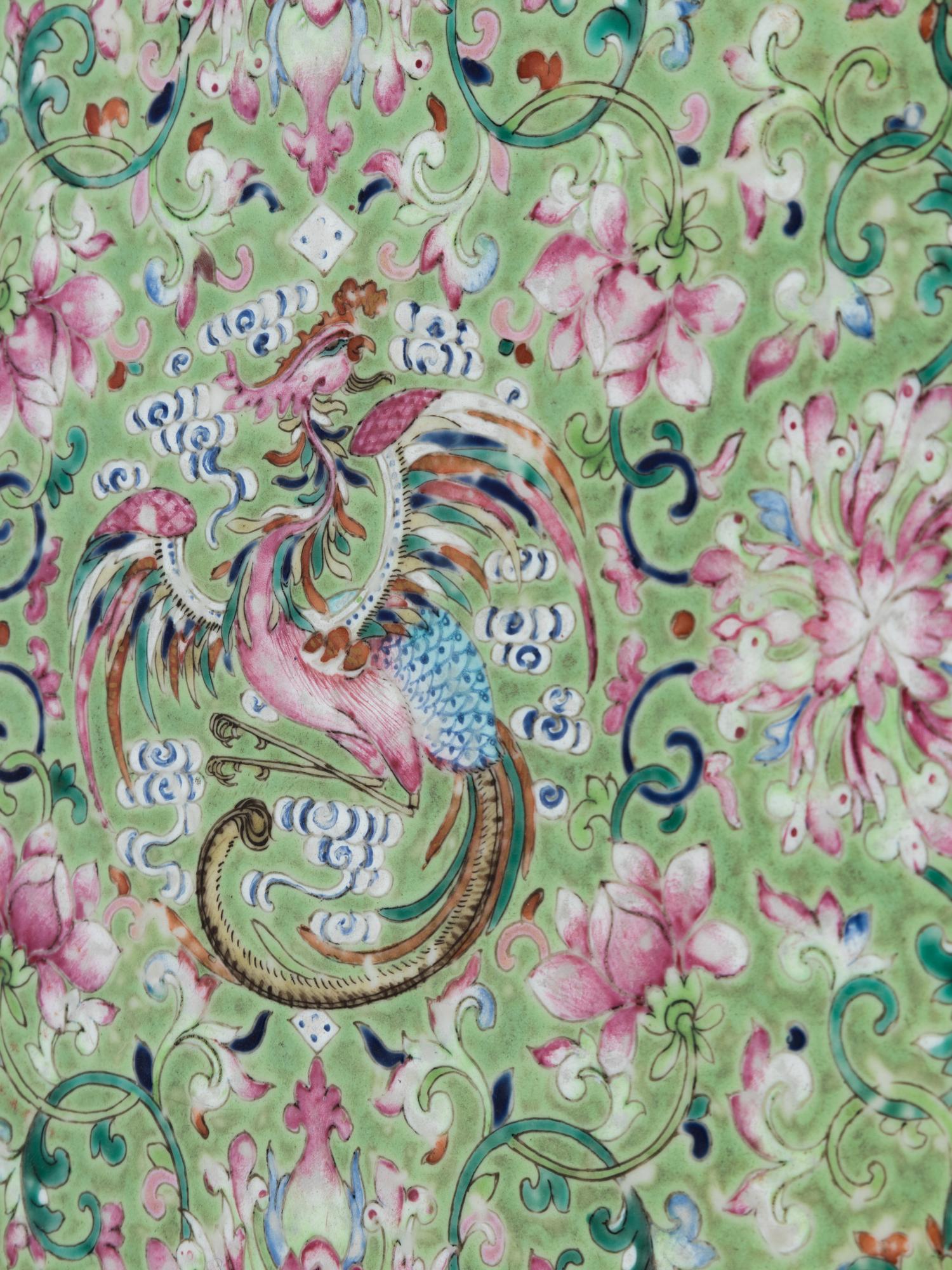 A Lime Green-Ground Famille Rose Porcelain Plaque Inset Hardwood Kang Table