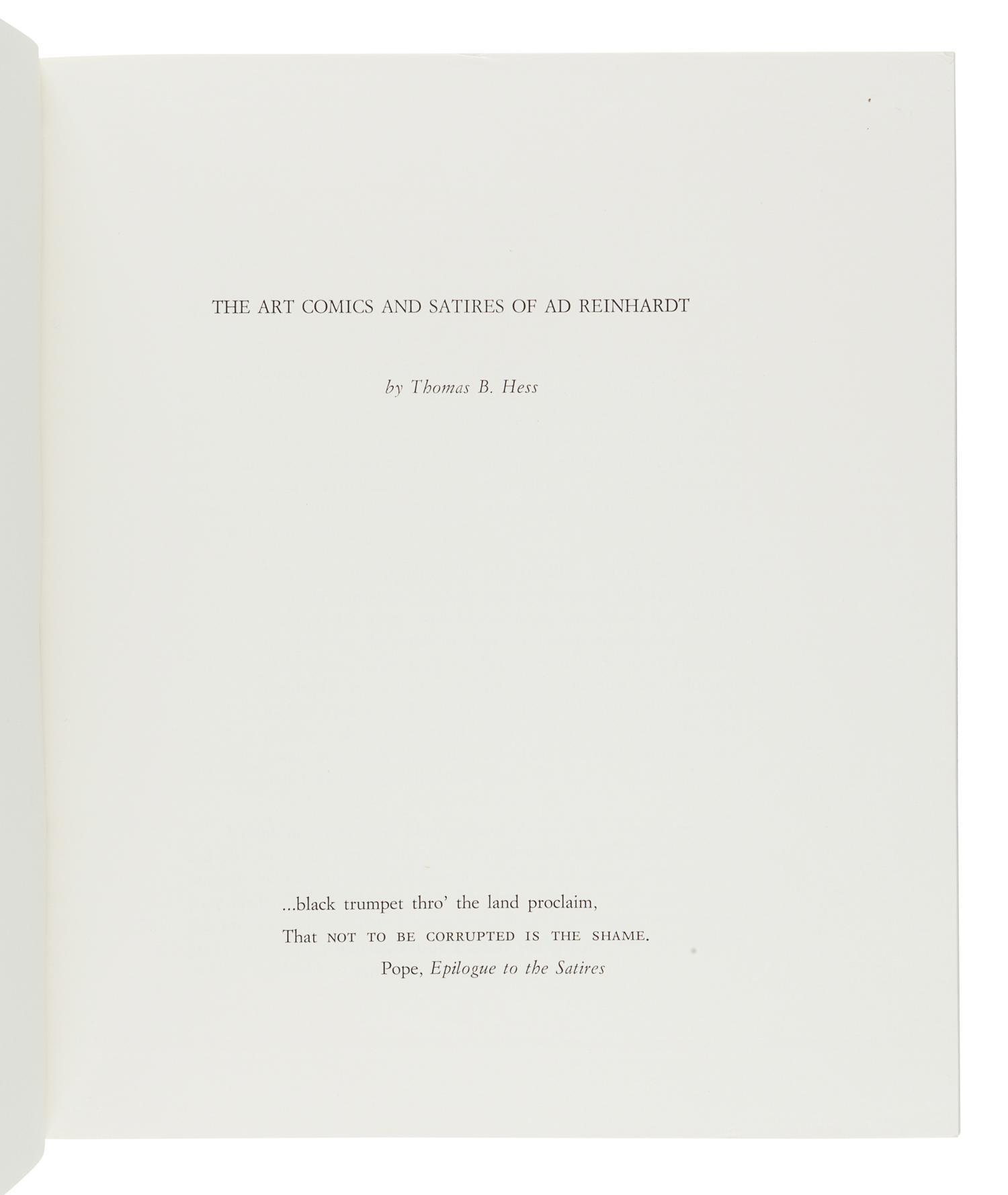 HESS, Thomas B. (1920-1978). The Art Comics and Satires of Ad Reinhardt . Kunsthalle Dusseldorf, Rome, and Marlborough, 1975.