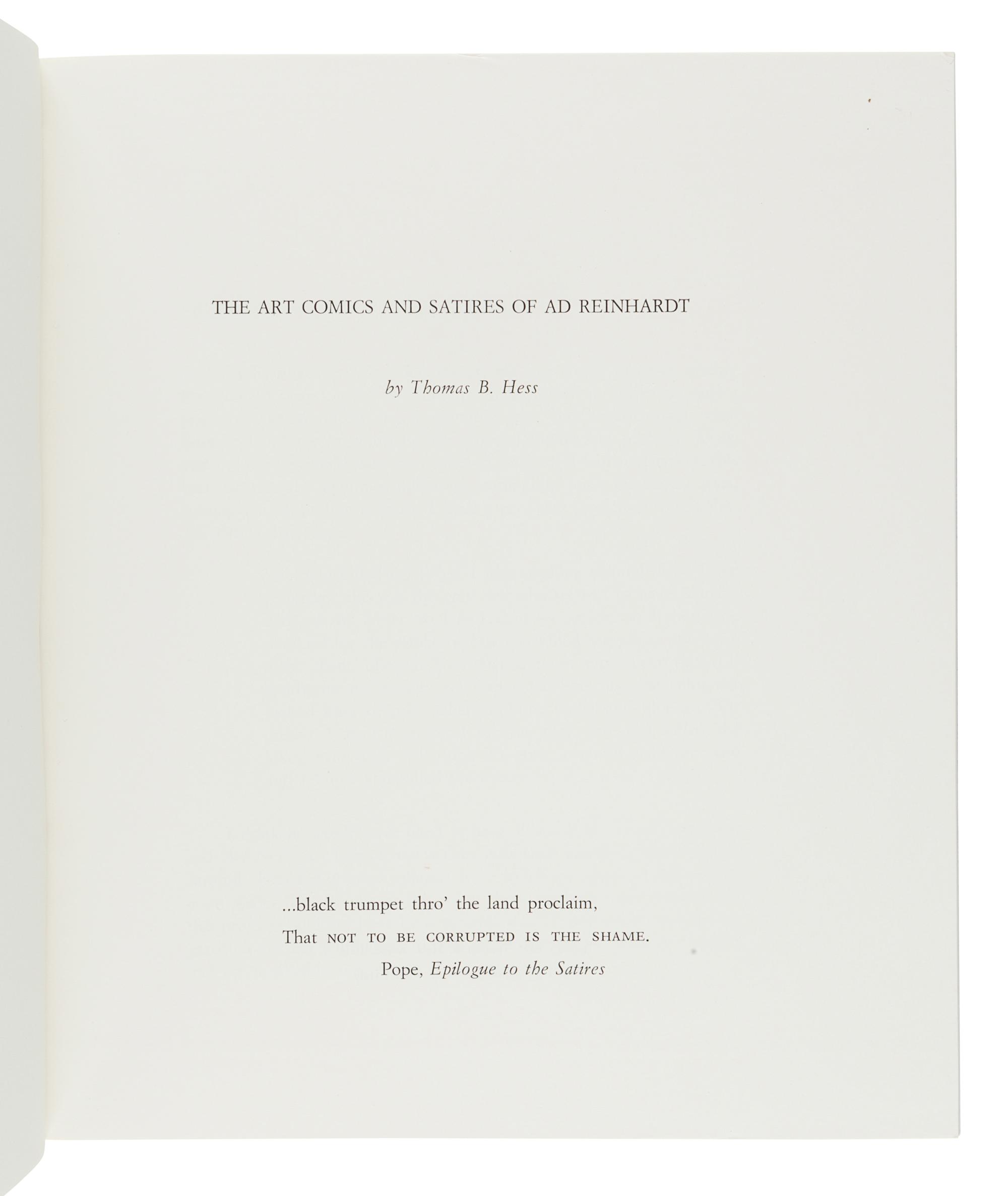 HESS, Thomas B. (1920-1978). The Art Comics and Satires of Ad Reinhardt . Kunsthalle Dusseldorf, Rome, and Marlborough, 1975.