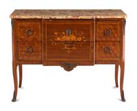 A Louis XV/XVI Transitional Style Marquetry Marble-Top Commode