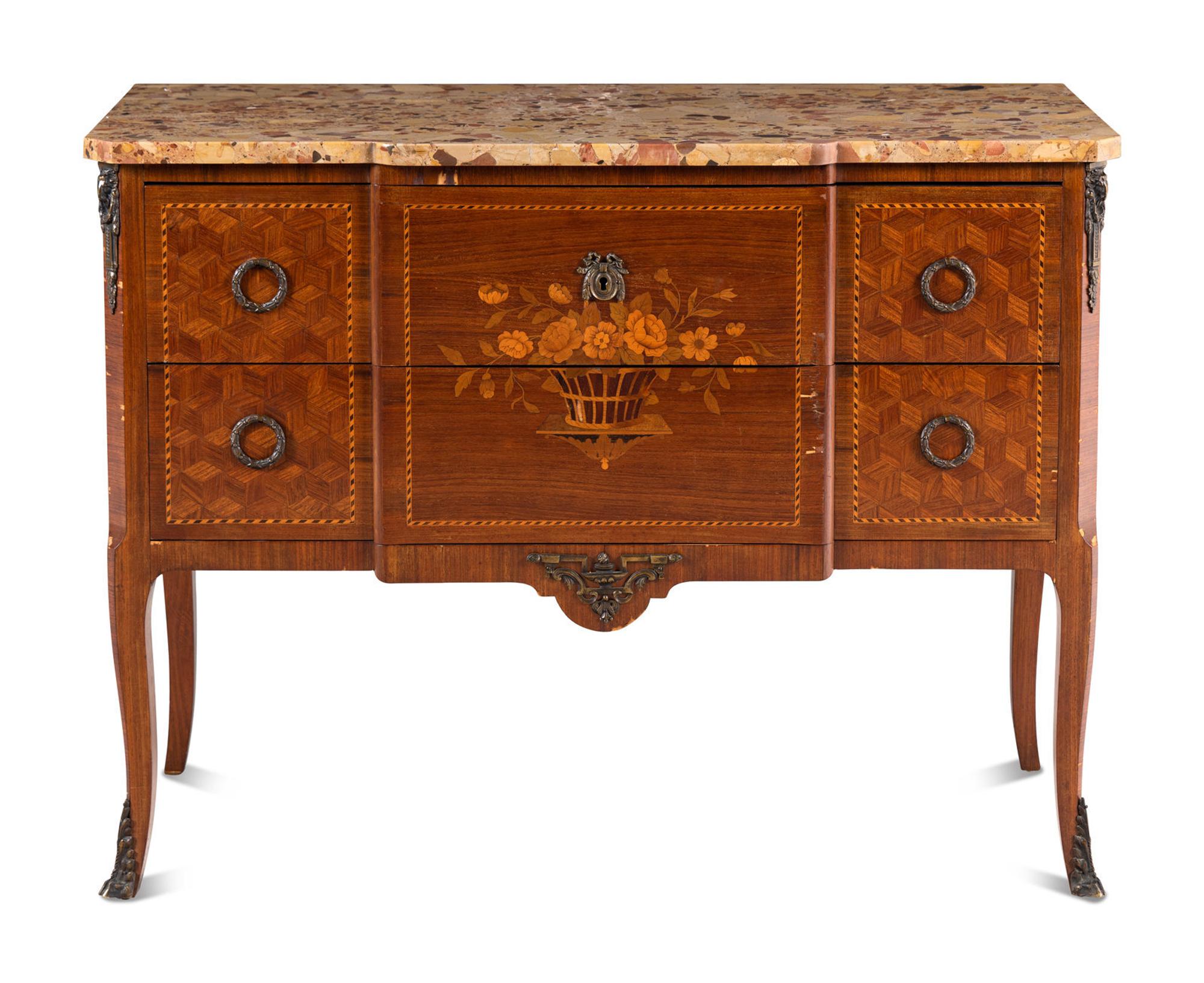 A Louis XV/XVI Transitional Style Marquetry Marble-Top Commode