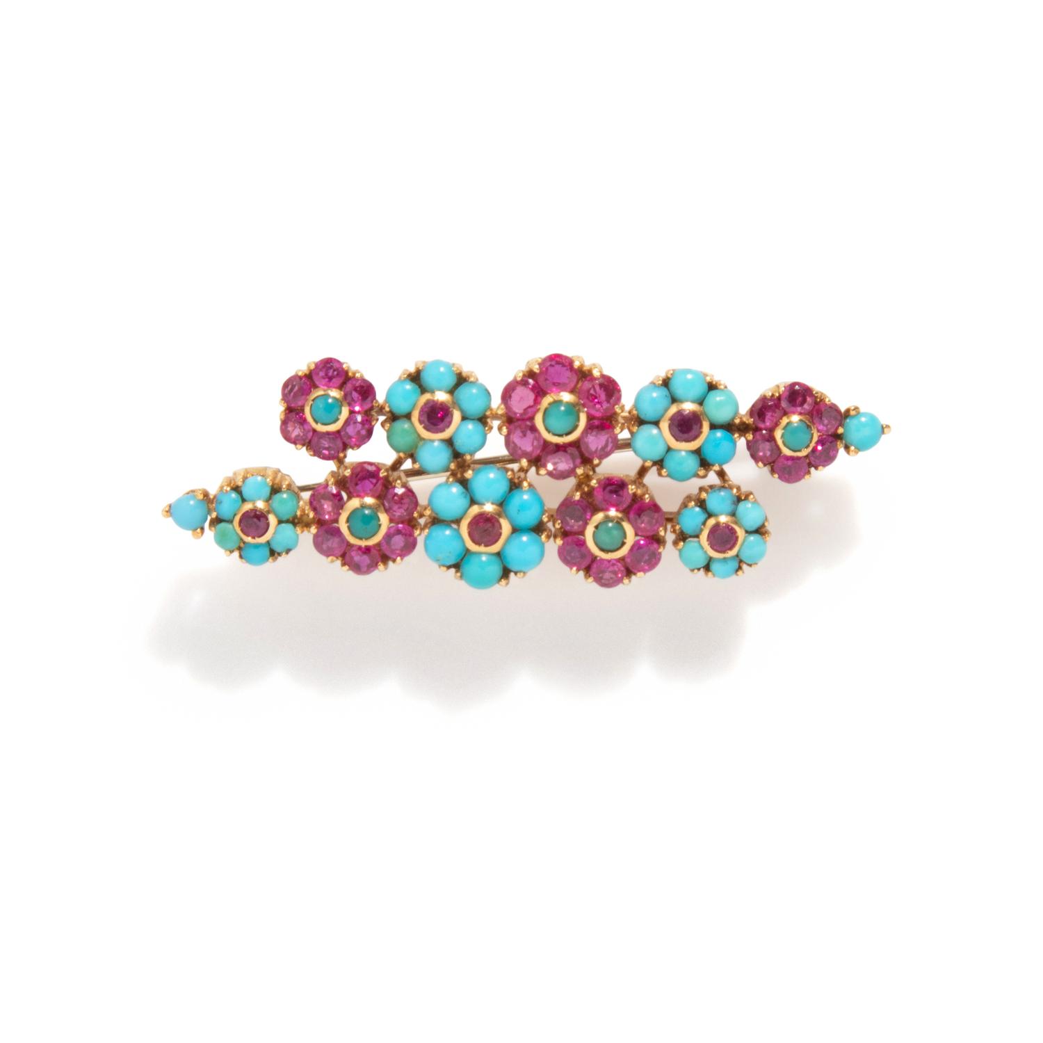 RETRO, RUBY AND TURQUOISE FLOWER BROOCH