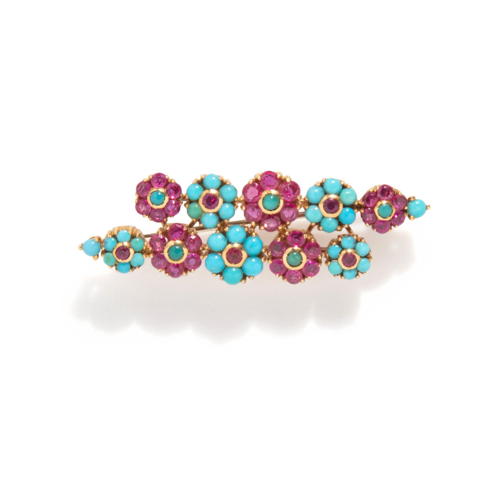 RETRO, RUBY AND TURQUOISE FLOWER BROOCH