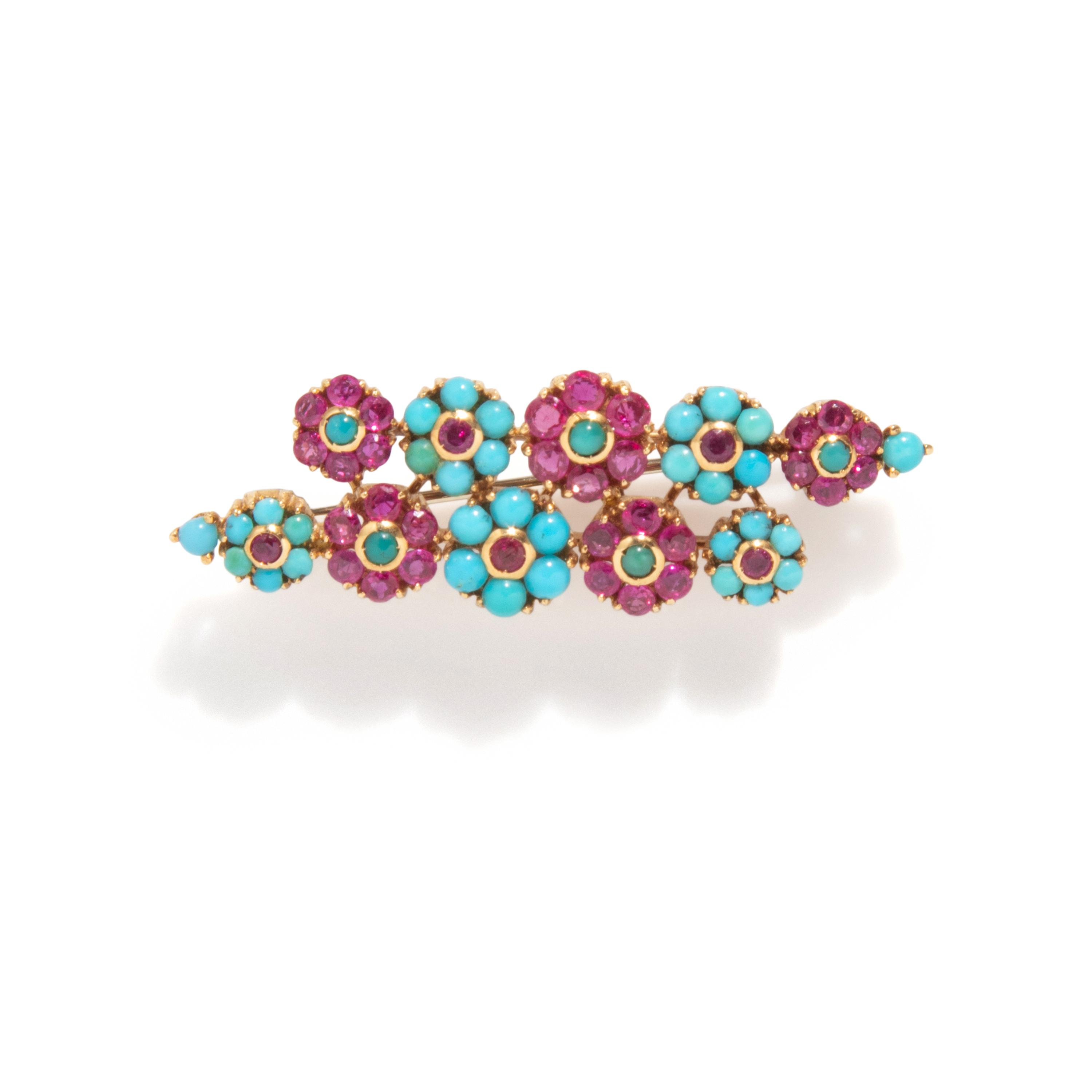 RETRO, RUBY AND TURQUOISE FLOWER BROOCH